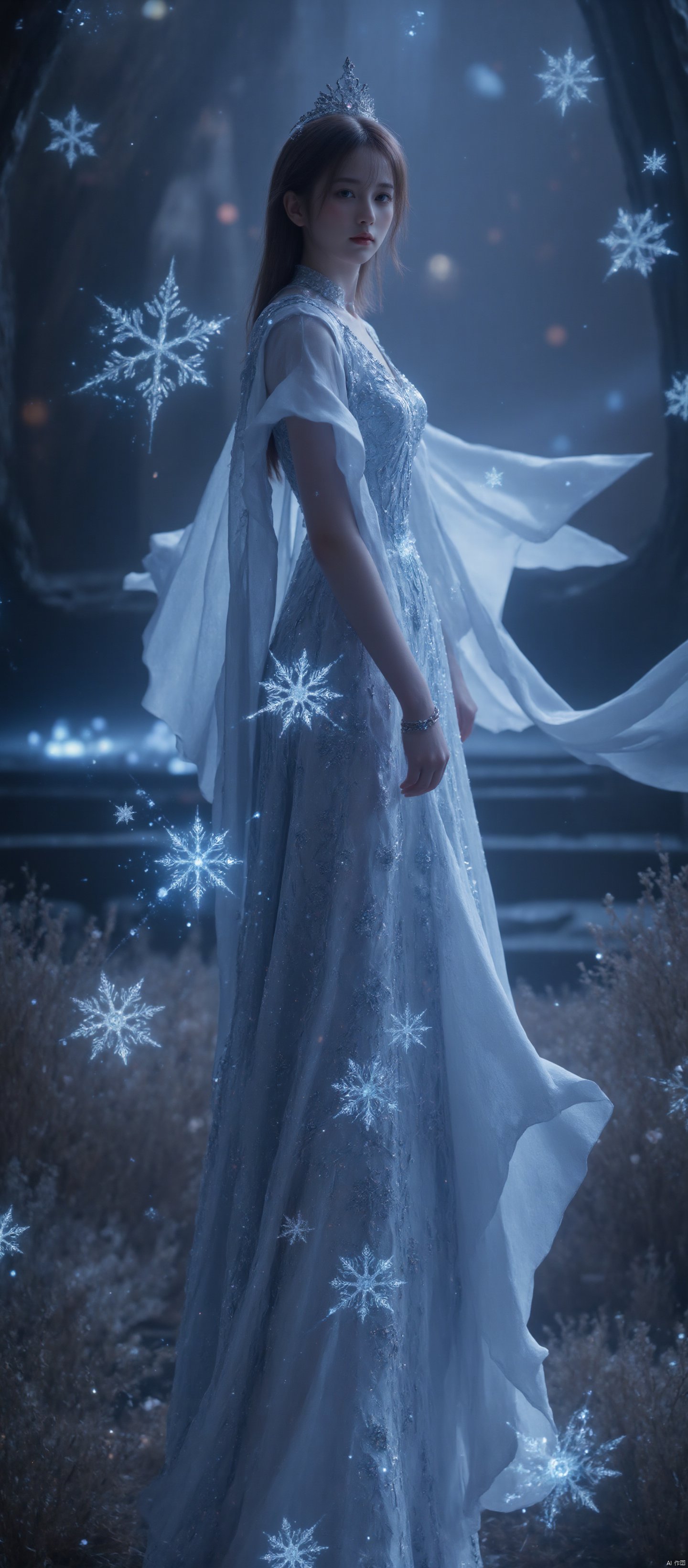 A majestic Raiden Shogun stands solo against a mystical backdrop of ice bricks and delicate flowers. She wears an exquisite snowflake-encrusted dress, her crown adorned with sparkling crystals. The elegant gown flows like silk around her, as the moody lighting casts a warm, cinematic glow. In the foreground, the highly detailed and intricate snowflakes on her dress appear like tiny works of art. The film grain adds texture, while the bokeh effect creates a sense of depth and dimensionality. A stunning vignette of fantasy and elegance, reminiscent of a high-budget Hollywood production.