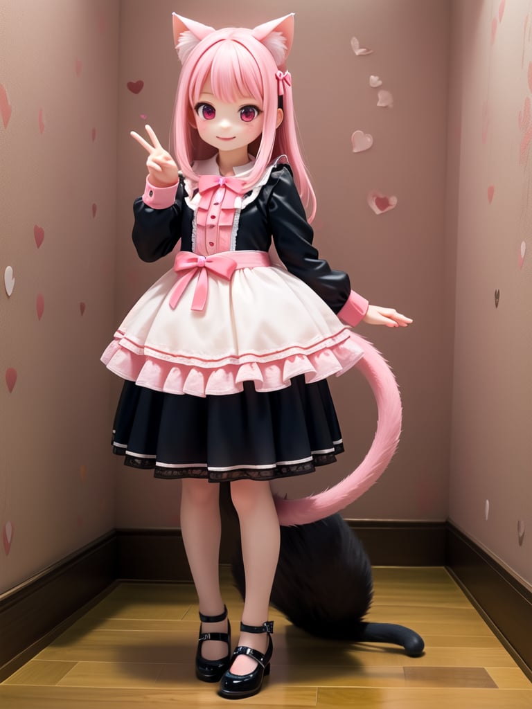 (masterpiece), (best quality), photo realistic, (extremely detailed), (1girl), solo, (pretty cute girl), looking at viewer, smile, slender, evenly sized eyes, extremely detailed eyes, full body, outdoors, extremely detailed wallpaper, (completely detailed features), 16k, pink eyes, pink hair, cat girl, black animal ears, black tail, looking at viewer, smile, peace sign, pink kawaii room, heart item, red ribbon, pink and white dress, standing, indoors, fluffy