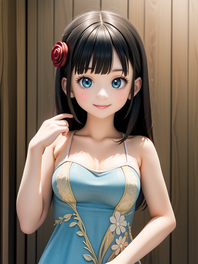 (masterpiece), (best quality), (extremely detailed), (1girl), solo, (pretty cute girl), looking at viewer, smile, slender, evenly sized eyes, extremely detailed eyes, flower hair ornament, white race dress, (upper body:1.4), outdoors, extremely detailed wallpaper, (completely detailed features), 16k,  (upper body:1.4),