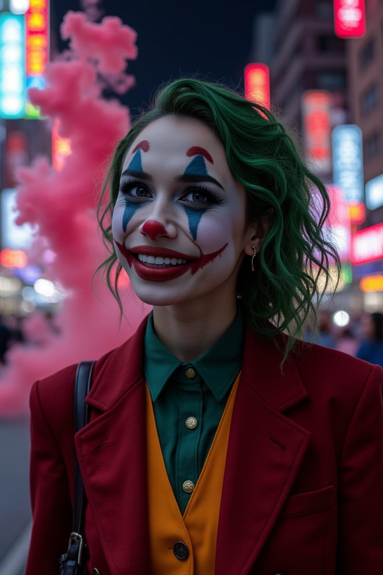 Art of a joker Joker's twisted grin wearing her ((makeup face:1.3)),  her suit, red smoke , her ((green hair:1.3)), dark night, ((neon light city)), cyberpunk realistic city background 