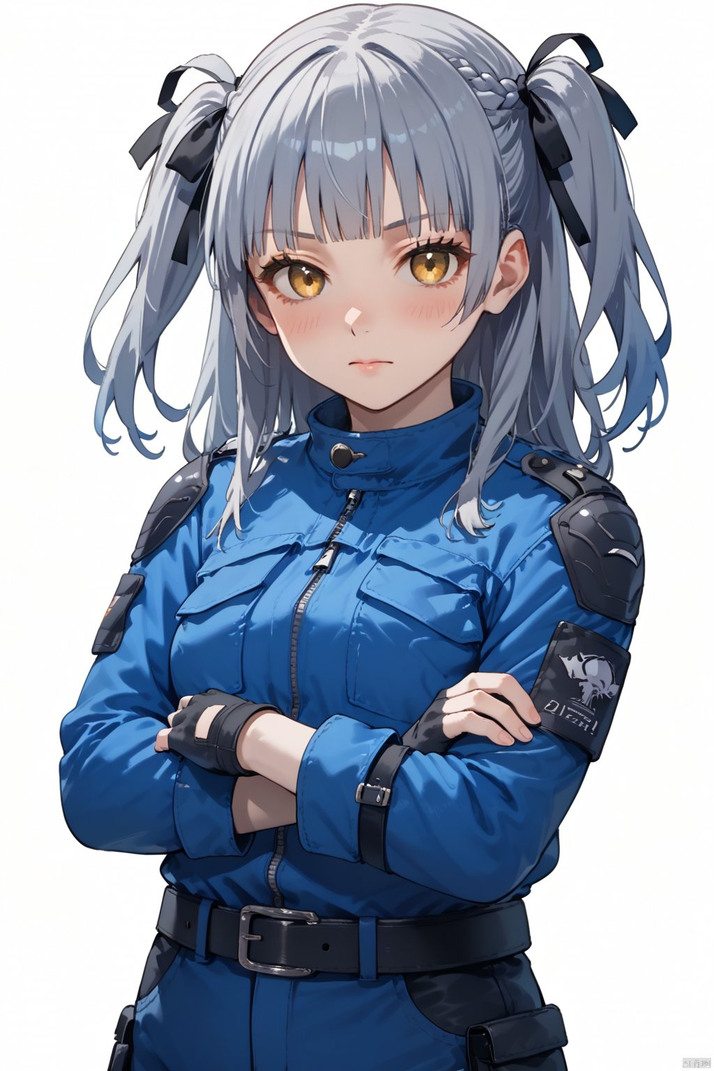 sakiko,1girl, solo, long hair, looking at viewer, blush, bangs, simple background,, ribbon, blue hair, grey hair, hair ribbon, yellow eyes, braid,, blunt bangs, two side up, black ribbon,cowboy shot,upper body, 
1girl, solo,nrblue,blue jacket,fingerless gloves,pants,belt,black gloves,jacket,long sleeves,gloves