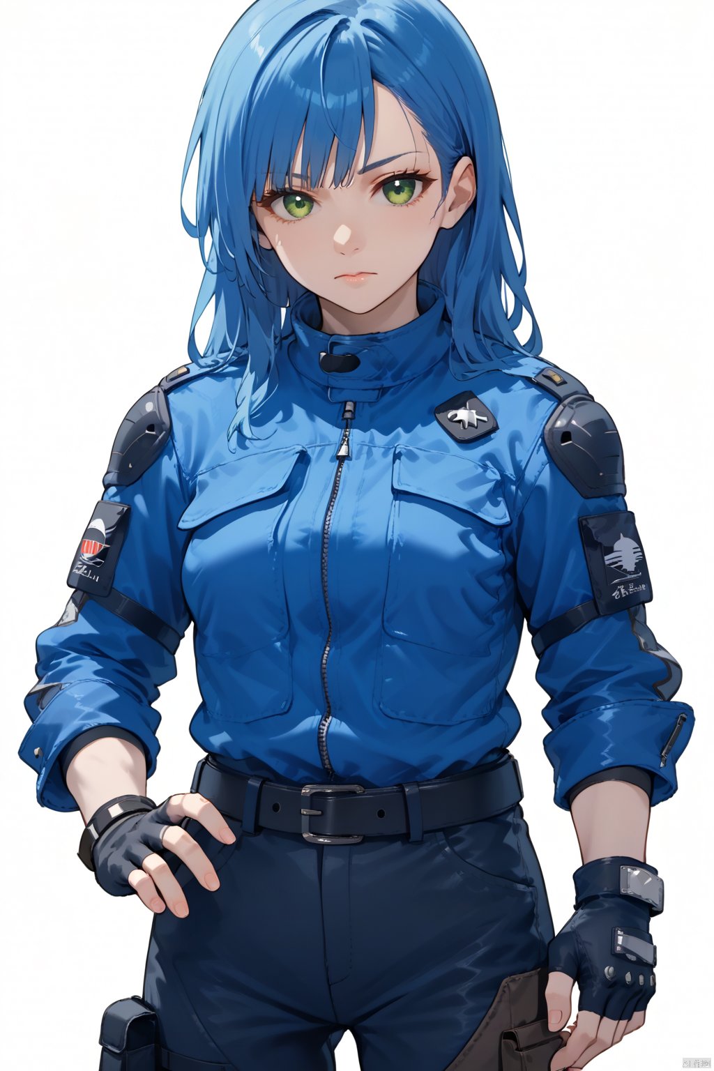 1girl, solo, long hair, breasts, looking at viewer, bangs, simple background, gloves, white background, closed mouth, green eyes, blue hair, standing, black gloves, belt, pants, fingerless gloves, pouch, hair behind ear, knee pads, hikawa sayo
1girl, solo,nrblue,blue jacket,fingerless gloves,pants,belt,black gloves,jacket,long sleeves,gloves