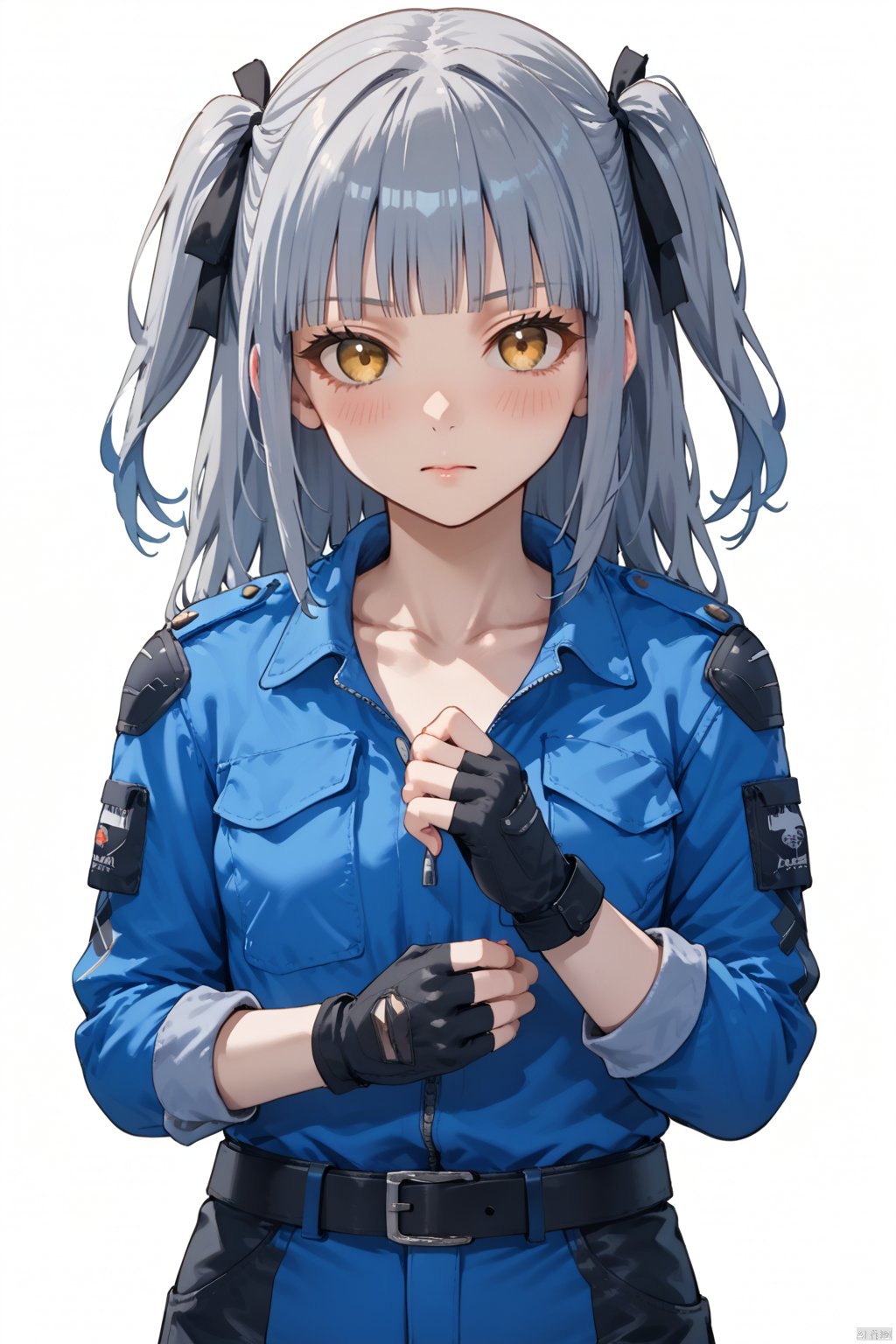 sakiko,1girl, solo, long hair, looking at viewer, blush, bangs, simple background,, ribbon, blue hair, grey hair,collarbone, hair ribbon, yellow eyes, braid,, blunt bangs, two side up, black ribbon,cowboy shot,upper body, 
1girl, solo,nrblue,blue jacket,fingerless gloves,pants,belt,black gloves,jacket,long sleeves,gloves