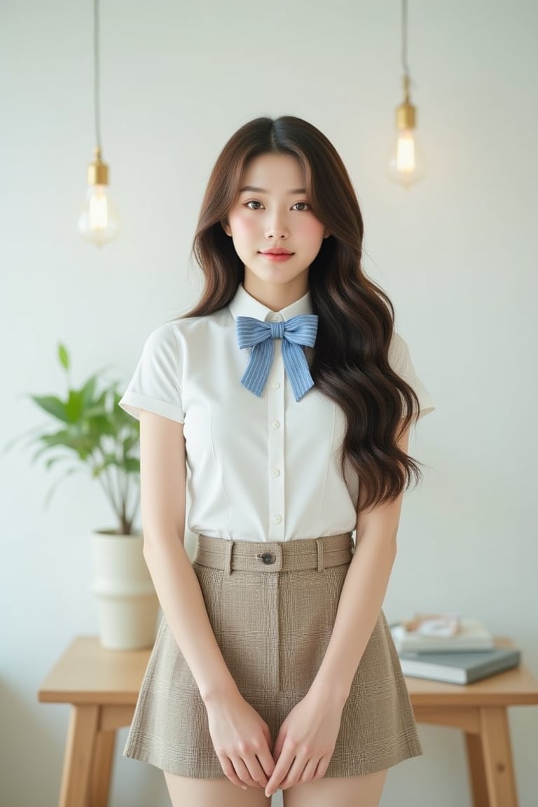 Captured at eye-level, a medium-sized Asian woman stands in front of a light-colored backdrop. She is dressed in a short-sleeved white button-down shirt, a plaid skirt, and a blue and white bow tie. Her hair is long and cascades down her shoulders, framing her face. Her eyes are a piercing blue, and her lips are a pinkish-red. Her eyebrows are a darker shade of brown, adding a pop of color to the scene. The backdrop is a stark white wall, with a light brown table in the background. Two overhead lights hang from the ceiling, providing illumination.,Perfect body