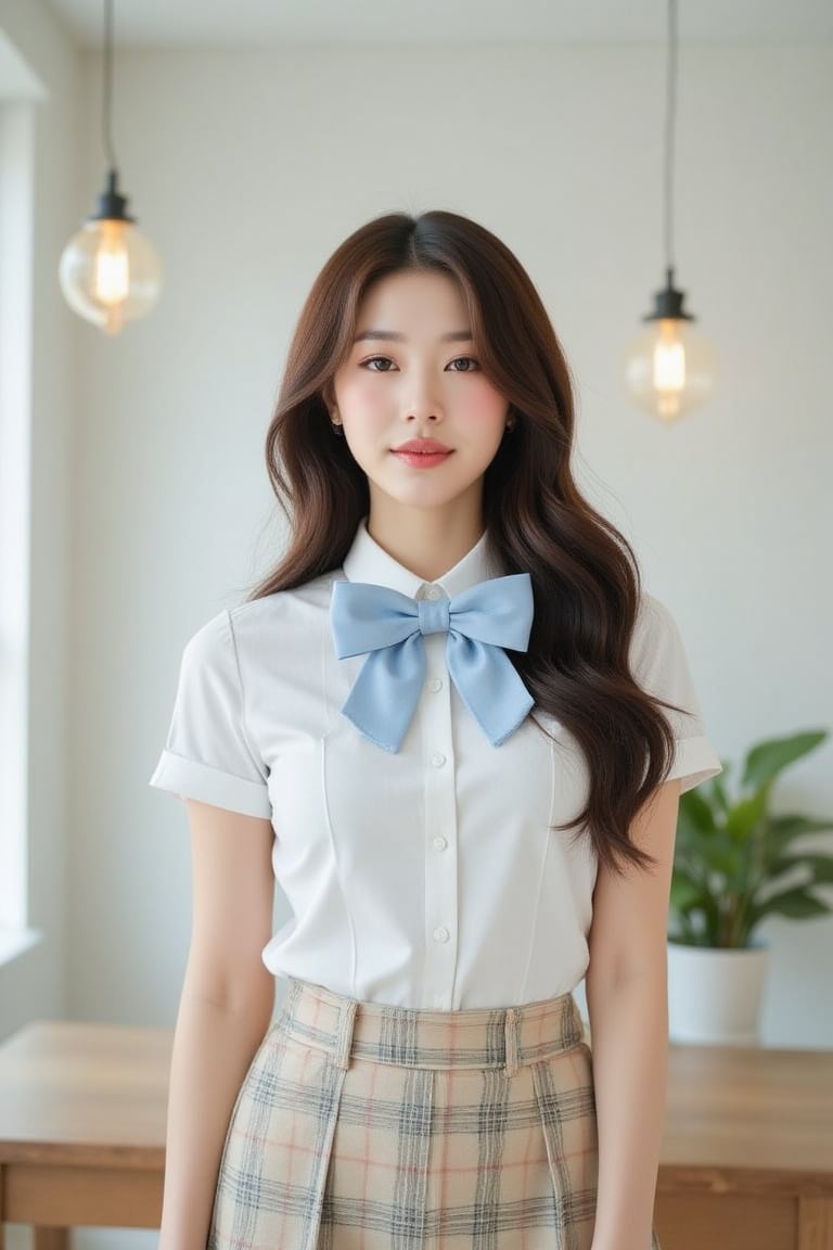 Captured at eye-level, a medium-sized Asian woman stands in front of a light-colored backdrop. She is dressed in a short-sleeved white button-down shirt, a plaid skirt, and a blue and white bow tie. Her hair is long and cascades down her shoulders, framing her face. Her eyes are a piercing blue, and her lips are a pinkish-red. Her eyebrows are a darker shade of brown, adding a pop of color to the scene. The backdrop is a stark white wall, with a light brown table in the background. Two overhead lights hang from the ceiling, providing illumination.,Perfect body