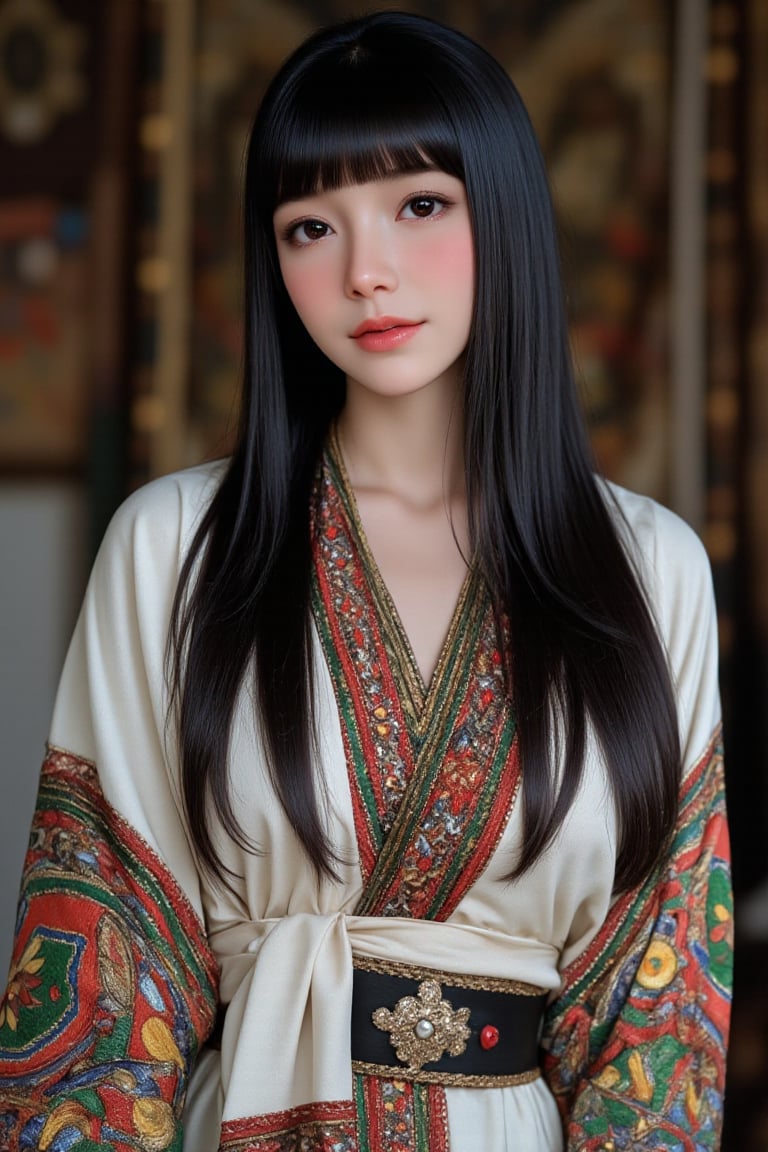 Super detailed, super realistic, beautiful Nordic girl with long hair and blunt bangs,
 Wearing ancient national costume, long straight black hair, Yakut national costume, (beautiful blue eyes), almond eyes, intricate textiles decorated with colorful and intricate geometric patterns, arms decorated with decorative embroidery.
Beautiful crystal blue eyes, almond eyes, complex fabric decorated with colorful and intricate geometric patterns, white, red and green and other earth tones clothes,, aw0k euphoric style,, perfect imitation of TaisaSDXL, dal, ct-identityV2