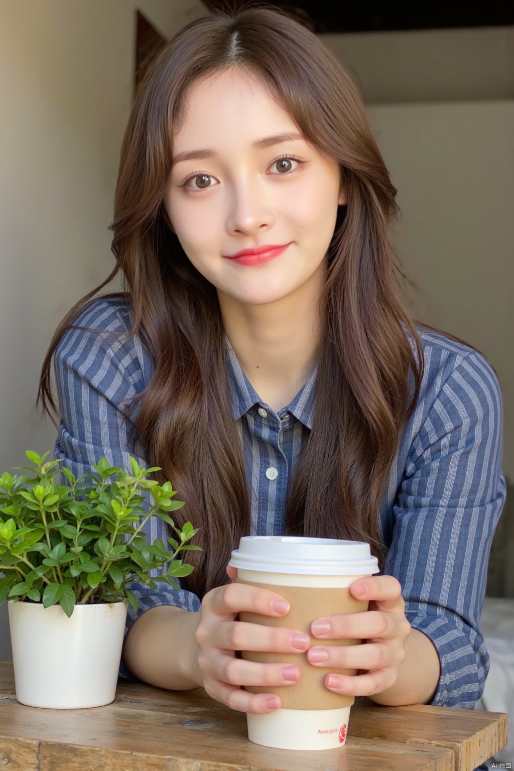 A young woman with long, rich brown hair sits comfortably indoors, her bright brown eyes locked onto the viewer's gaze as she flashes a warm smile. Her arms cradle a disposable cup on a worn wooden table beside a small potted plant. A blue and grey striped shirt complements her natural beauty, while her lips curve upward in a gentle grin, inviting the viewer into her intimate moment.