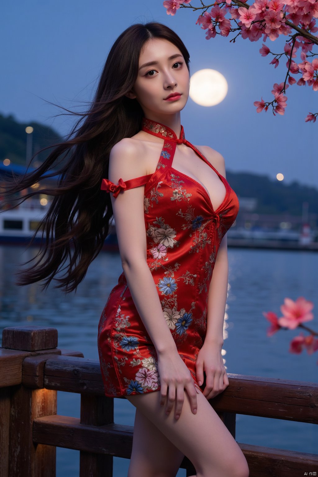 Masterpiece, best quality, stunning details, realistic photos, 1girl, long flowing hair, high quality fair skin, big breasts, (high-cut cheongsam), (shiny pantyhose), long legs, high heels, fashion pose, full body, night, cruise ship, lake, Chinese architectural background, big moon, lantern, flower,zjq