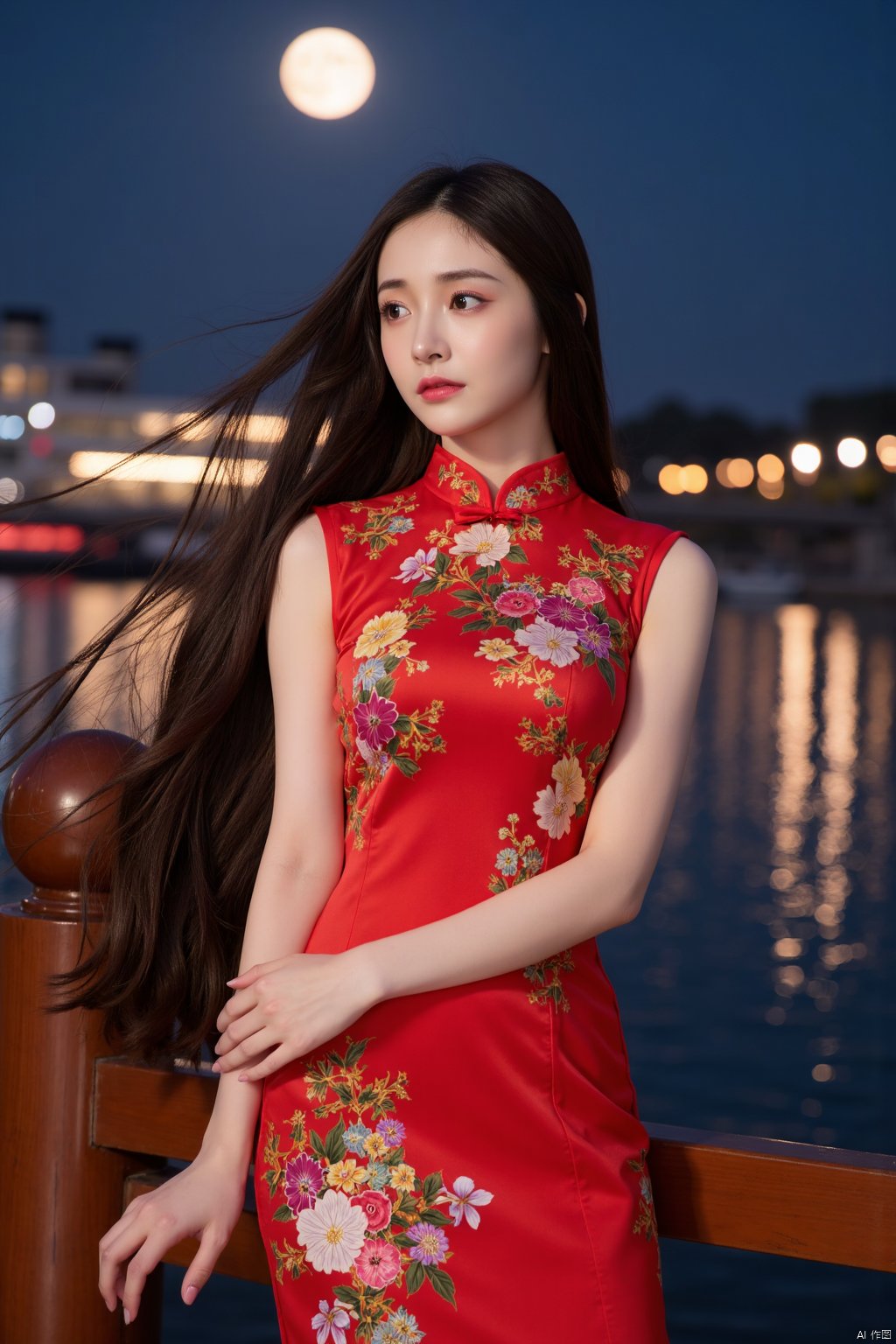 Masterpiece, best quality, stunning details, realistic photos, 1girl, long flowing hair, high quality fair skin, big breasts, (high-cut cheongsam), (shiny pantyhose), long legs, high heels, fashion pose, full body, night, cruise ship, lake, Chinese architectural background, big moon, lantern, flower,zjq