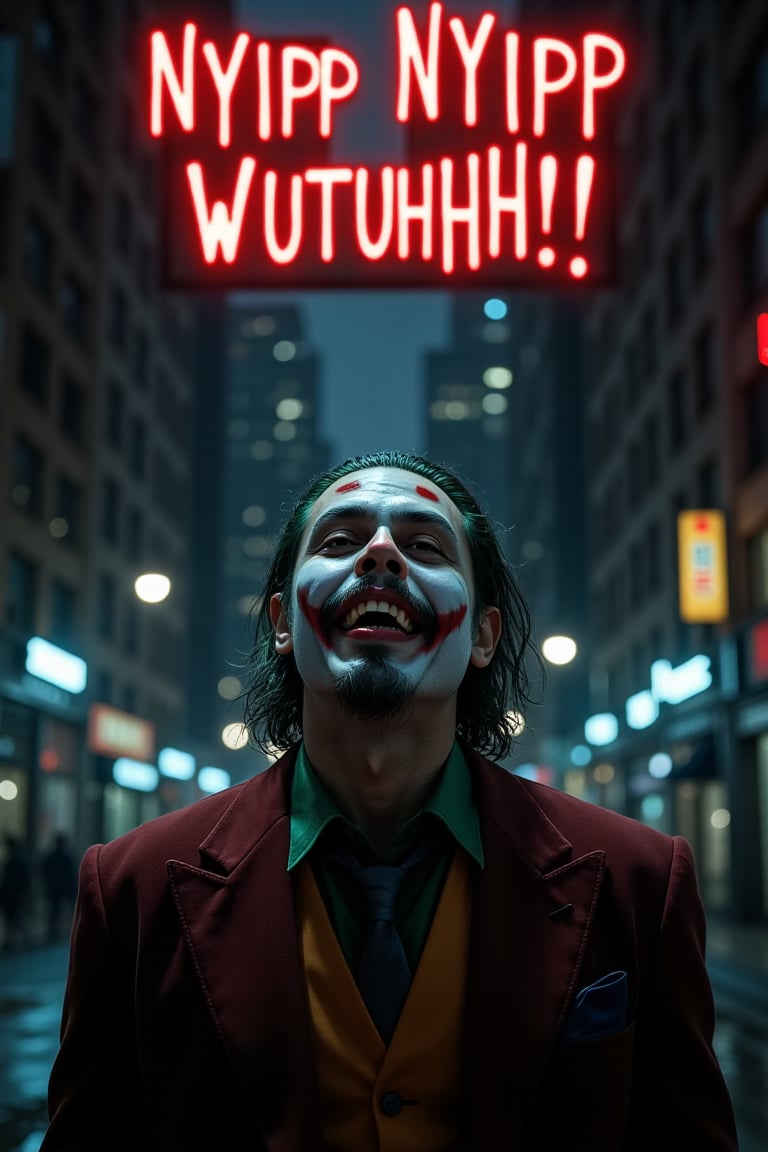 In a dimly lit, gritty urban scene, Gotham City's towering skyscrapers loom in the background, their crimson hues casting an eerie glow on the darkened streets. The Joker's face fills the frame, his pale complexion illuminated by an otherworldly light that accentuates his unhinged grin. Crooked teeth glint with a maniacal intensity as he revels in chaos, his green hair and wild eyes piercing through the shadows like a twisted invitation to enter his warped world. In bold red letters, 'Nyipp Nyipp Wutuhhh!' taunts above, daring the viewer to immerse themselves in his anarchic realm.