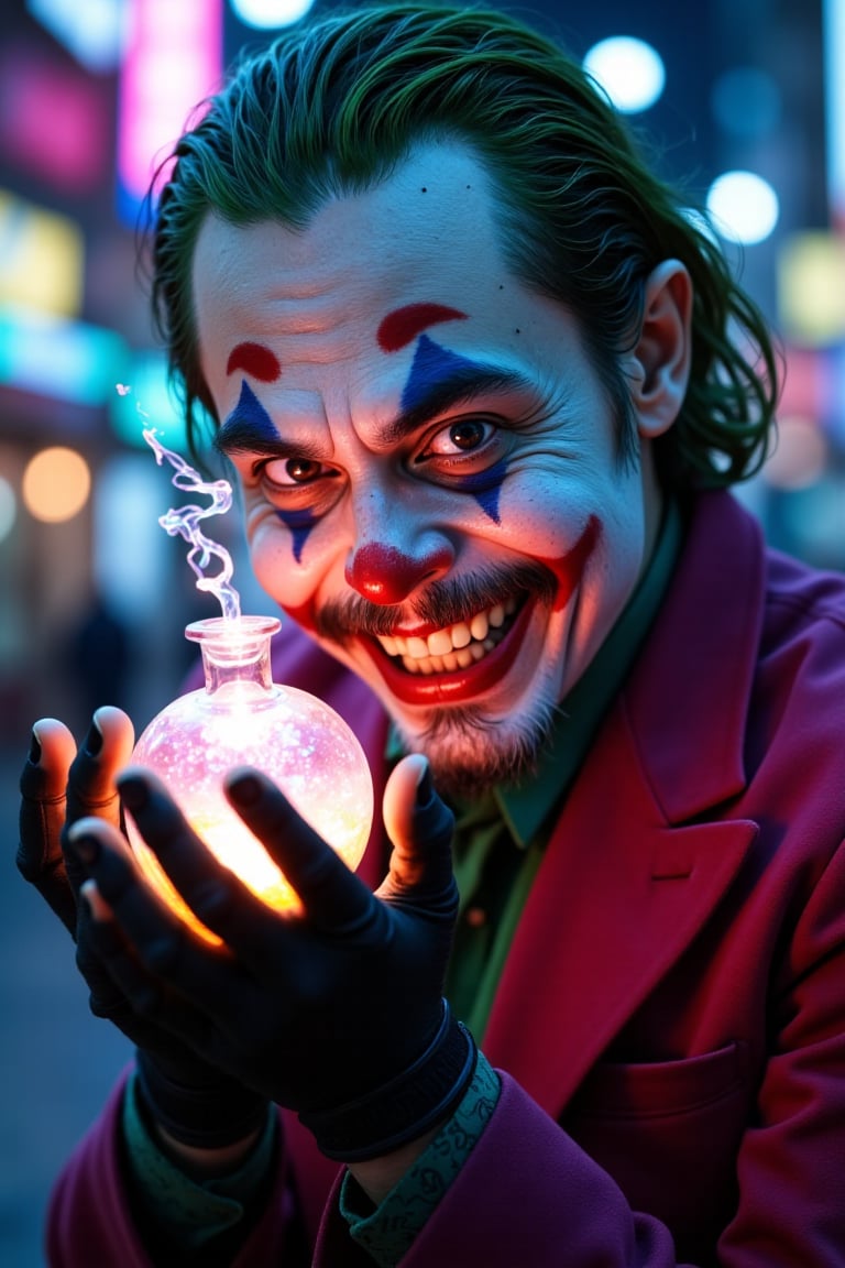 Medium shot of the Joker's maniacal grin, illuminated by the city's neon haze, as he cradles a radiant, iridescent potion in his gloved hand. The potion's luminescent tendrils dance across his fingers, casting an otherworldly glow on his face. Vibrant colors and sharp contrasts define the scene, capturing the Joker's mesmerizing intensity amidst the urban fantasy landscape.