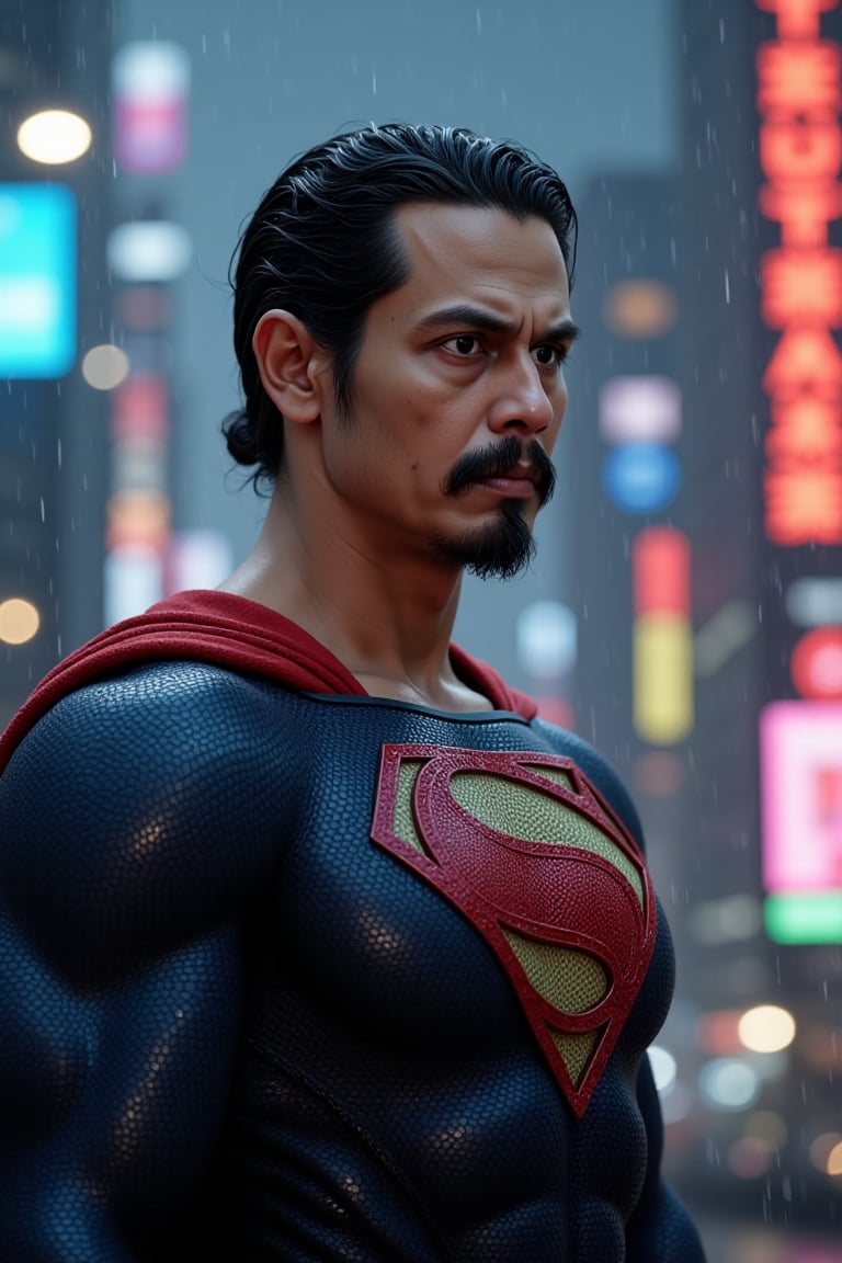 A majestic portrait of Superman, rendered in hyper-realistic detail with extreme attention to clean lines and insane little details. Set against the gritty backdrop of a cyberpunk city at dusk, where neon lights pierce through the darkness. Heavy rain lashes down, casting a moody glow on the metropolis's towering skyscrapers. The Man of Steel stands tall, his serious gaze piercing through the bokeh-lit raindrops as he gazes out into the night, masterfully presented in Zbrush Central.