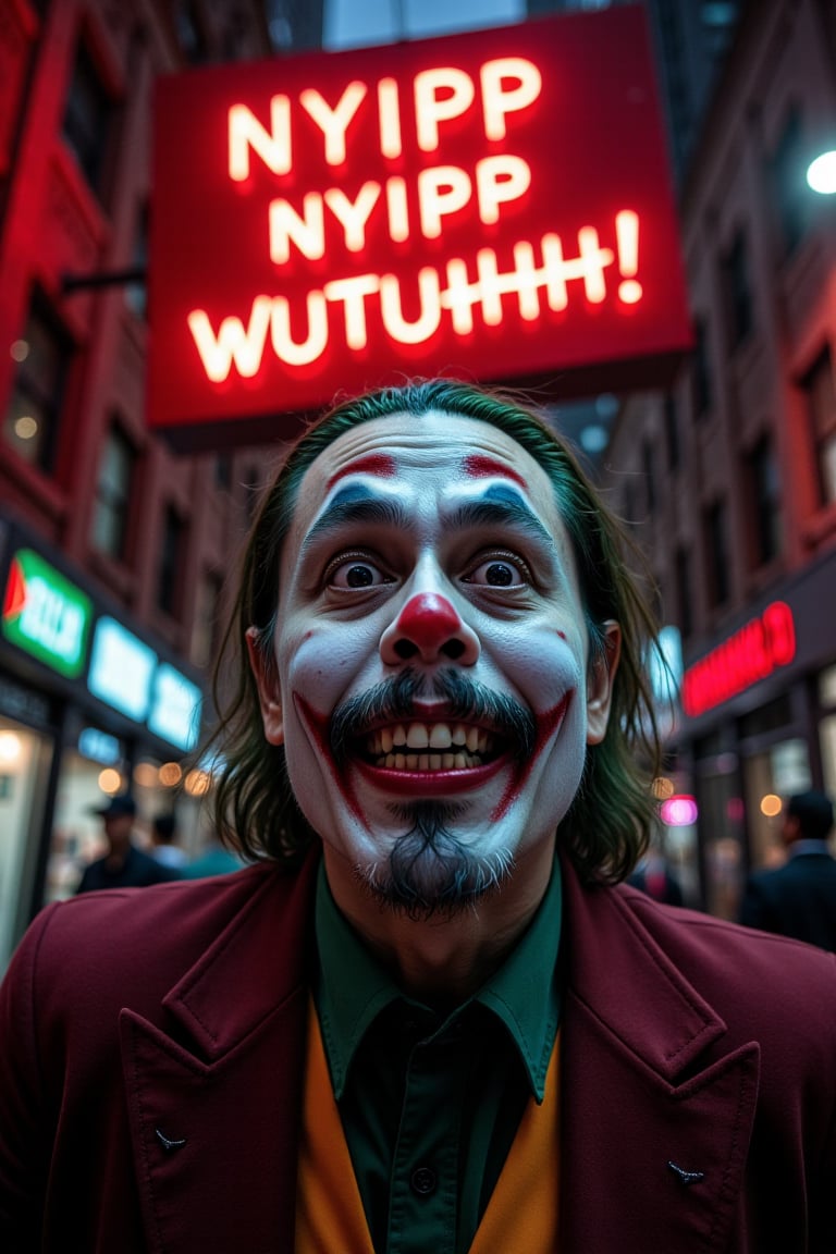 In a dimly lit, gritty urban scene, Gotham City's towering skyscrapers loom in the background, their crimson hues casting an eerie glow on the darkened streets. The Joker's face fills the frame, his pale complexion illuminated by an otherworldly light that accentuates his unhinged grin. Crooked teeth glint with a maniacal intensity as he revels in chaos, his green hair and wild eyes piercing through the shadows like a twisted invitation to enter his warped world. In bold red letters, 'Nyipp Nyipp Wutuhhh!' taunts above, daring the viewer to immerse themselves in his anarchic realm.