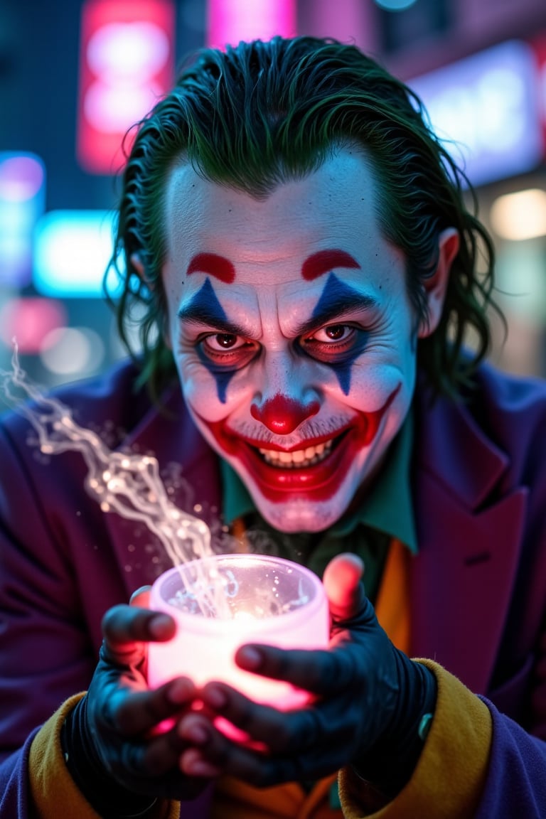 Close medium shot of the Joker's twisted grin, bathed in the city's vibrant neon lights as he cradles a radiant, iridescent potion in his gloved hand. The potion's ethereal tendrils writhe across his fingers, casting an eerie glow on his face. Framing the scene with bold colors and stark contrasts, the Joker's maniacal intensity radiates amidst the urban fantasy backdrop.