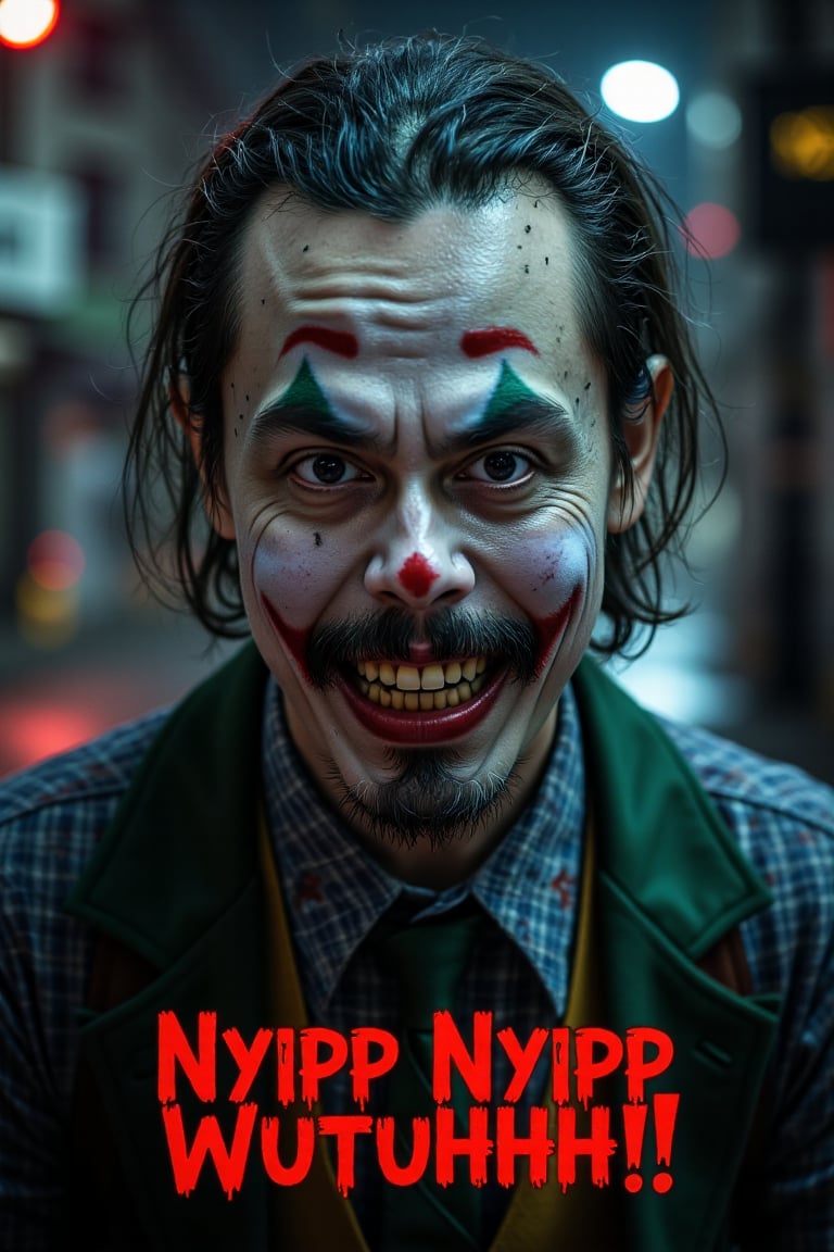 A haunting full-body shot of the Joker's twisted grin, green hair, seething with maniacal intensity against a dark and gritty urban backdrop. The camera captures every detail of his pale face, warped into a grotesque grimace, with yellow and crooked teeth. By ZloyOrk style. Abstract Lighting. His sharp, angular features seem to defy the dim lighting, which highlights his otherworldly presence amidst the crimson glow of Gotham City's night sky. The Red letters text, Nyipp Nyipp Wutuhhh! adds an air of mocking sarcasm to this eerie scene, as if the Joker is daring the viewer to take a peek into his twisted world.,lando