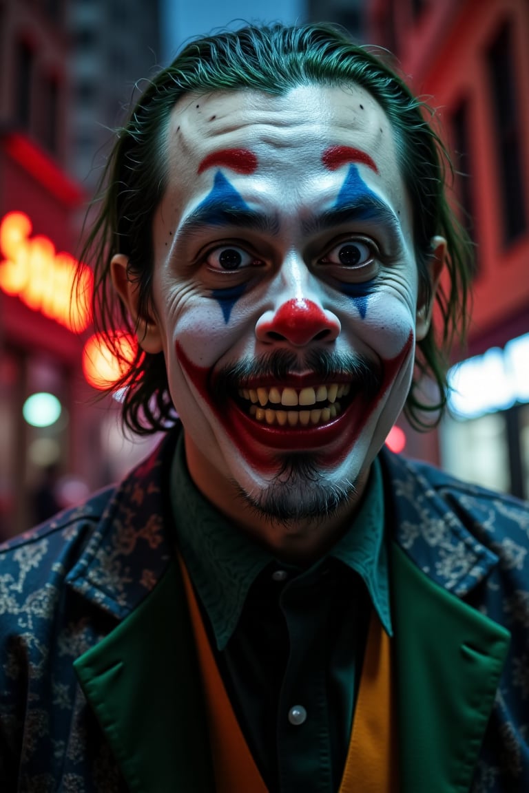 A haunting full-body shot of the Joker's twisted grin, green hair, seething with maniacal intensity against a dark and gritty urban backdrop. The camera captures every detail of his pale face, warped into a grotesque grimace, with yellow and crooked teeth. By ZloyOrk style. Abstract Lighting. His sharp, angular features seem to defy the dim lighting, which highlights his otherworldly presence amidst the crimson glow of Gotham City's night sky. The Red letters text, Nyipp Nyipp Wutuhhh! adds an air of mocking sarcasm to this eerie scene, as if the Joker is daring the viewer to take a peek into his twisted world.,lando