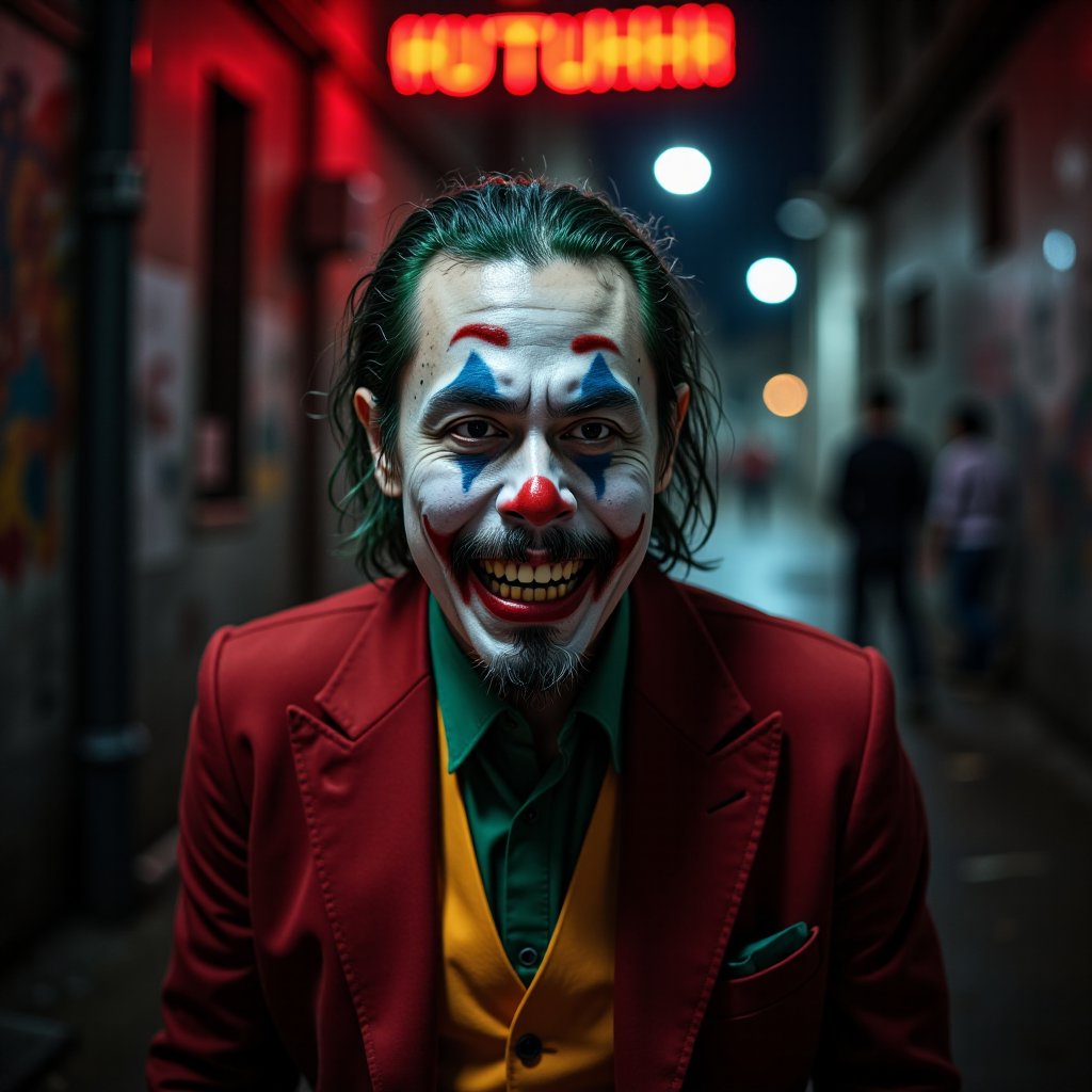 A haunting full-body shot of the Joker's twisted grin, green hair, seething with maniacal intensity against a dark and gritty urban backdrop. The camera captures every detail of his pale face, warped into a grotesque grimace, with yellow and crooked teeth. By ZloyOrk style. Abstract Lighting. His sharp, angular features seem to defy the dim lighting, which highlights his otherworldly presence amidst the crimson glow of Gotham City's night sky. The Red letters text, Nyipp Nyipp Wutuhhh! adds an air of mocking sarcasm to this eerie scene, as if the Joker is daring the viewer to take a peek into his twisted world.,lando