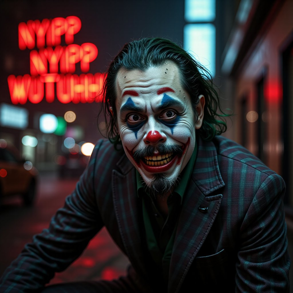 A haunting full-body shot of the Joker's twisted grin, green hair, seething with maniacal intensity against a dark and gritty urban backdrop. The camera captures every detail of his pale face, warped into a grotesque grimace, with yellow and crooked teeth. By ZloyOrk style. Abstract Lighting. His sharp, angular features seem to defy the dim lighting, which highlights his otherworldly presence amidst the crimson glow of Gotham City's night sky. The Red letters text, Nyipp Nyipp Wutuhhh! adds an air of mocking sarcasm to this eerie scene, as if the Joker is daring the viewer to take a peek into his twisted world.,lando