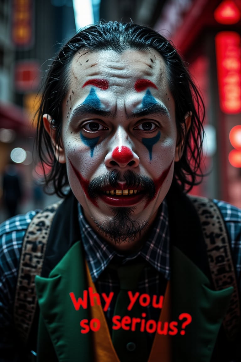 A haunting full-body shot of the Joker's twisted grin, seething with maniacal intensity against a dark and gritty urban backdrop. The camera captures every detail of his pale face, warped into a grotesque grimace, with yellow and crooked teeth. By ZloyOrk style. Abstract Lighting. His sharp, angular features seem to defy the dim lighting, which highlights his otherworldly presence amidst the crimson glow of Gotham City's night sky. The Red letters text, Why you so serious? adds an air of mocking sarcasm to this eerie scene, as if the Joker is daring the viewer to take a peek into his twisted world.,lando