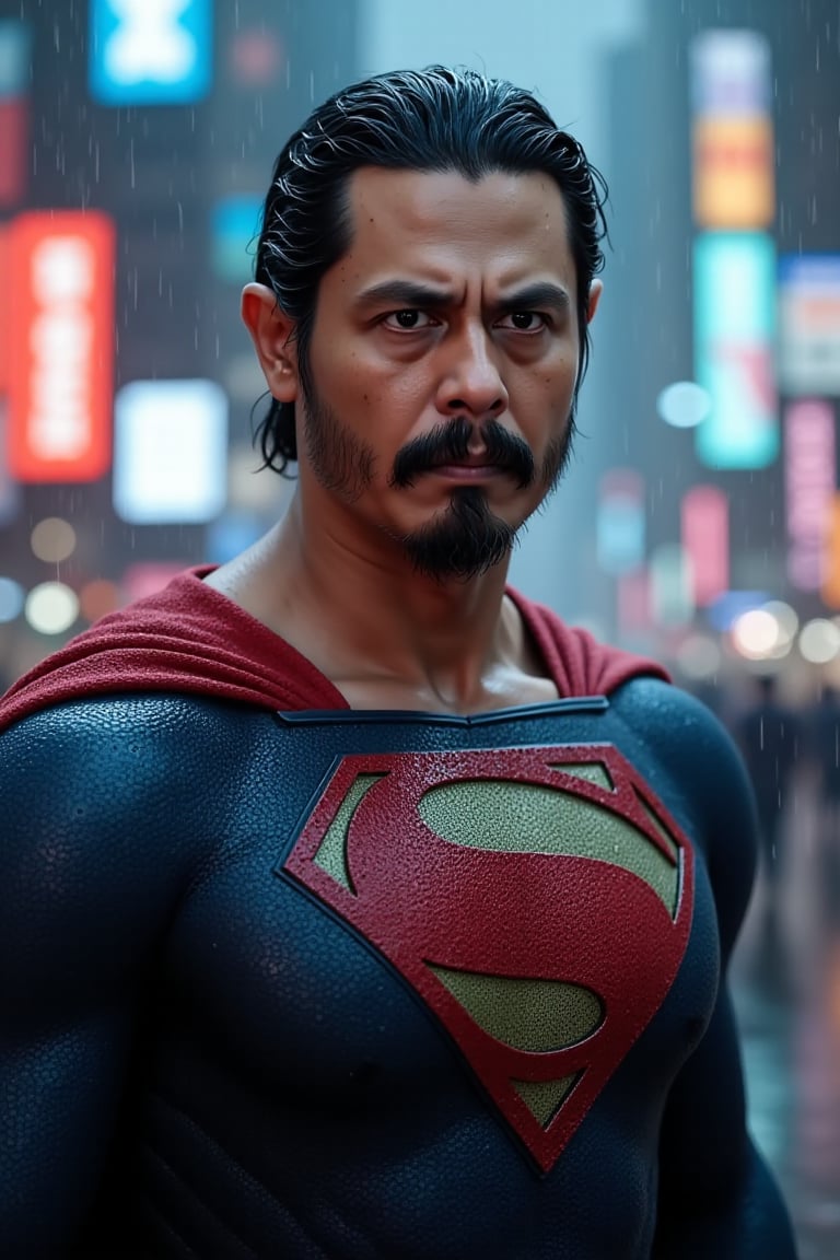 A masterclass portrait of DC Superman stands tall in a cyberpunk metropolis, bathed in the glow of neon lights and the soft focus of bokeh. Rain pours down in sheets, casting a dramatic veil over the scene as Superman's serious gaze pierces through the darkness. Every line and detail is hyper-realistically rendered, from the fabric of his suit to the subtle creases on his face. The heavy rain creates a sense of depth and texture, with water droplets glistening like diamonds in the city lights that illuminate the background. Zbrush Central presents this award-winning photograph in stunning clarity, showcasing Superman's full growth and imposing presence.