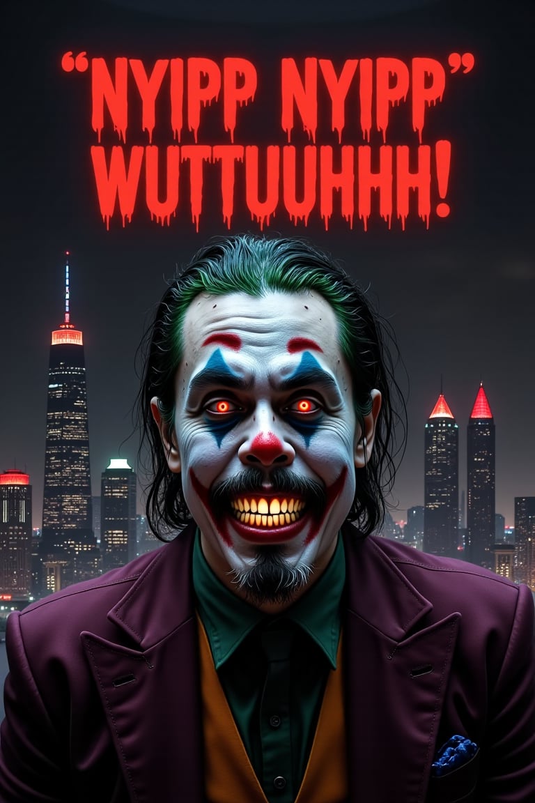 A dark urban landscape unfolds: Gotham City's crimson-lit skyscrapers stretch towards the blackened sky, while the Joker's unhinged grin dominates the frame. His pale face glows with an eerie light, crooked teeth glinting as he revels in chaos. Green hair and maniacal eyes seem to pierce through the shadows, drawing attention to his twisted visage. In bold red letters, 'Nyipp Nyipp Wutuhhh!' taunts above, daring the viewer to enter his warped world.