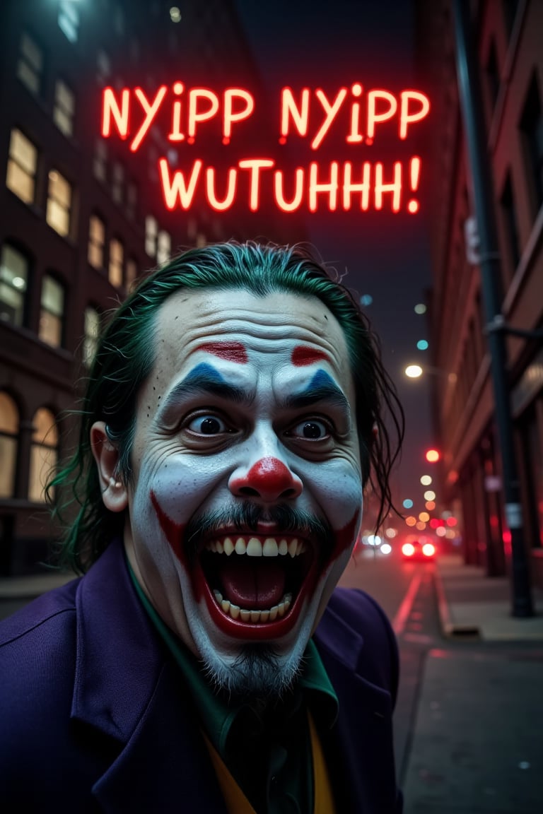 A dark urban landscape unfolds: Gotham City's crimson-lit skyscrapers stretch towards the blackened sky, while the Joker's unhinged grin dominates the frame. His pale face glows with an eerie light, crooked teeth glinting as he revels in chaos. Green hair and maniacal eyes seem to pierce through the shadows, drawing attention to his twisted visage. In bold red letters, 'Nyipp Nyipp Wutuhhh!' taunts above, daring the viewer to enter his warped world.