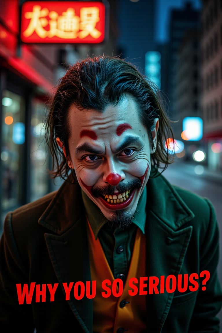 A haunting full-body shot of the Joker's twisted grin, green hair, seething with maniacal intensity against a dark and gritty urban backdrop. The camera captures every detail of his pale face, warped into a grotesque grimace, with yellow and crooked teeth. By ZloyOrk style. Abstract Lighting. His sharp, angular features seem to defy the dim lighting, which highlights his otherworldly presence amidst the crimson glow of Gotham City's night sky. The Red letters text, Why you so serious? adds an air of mocking sarcasm to this eerie scene, as if the Joker is daring the viewer to take a peek into his twisted world.,lando