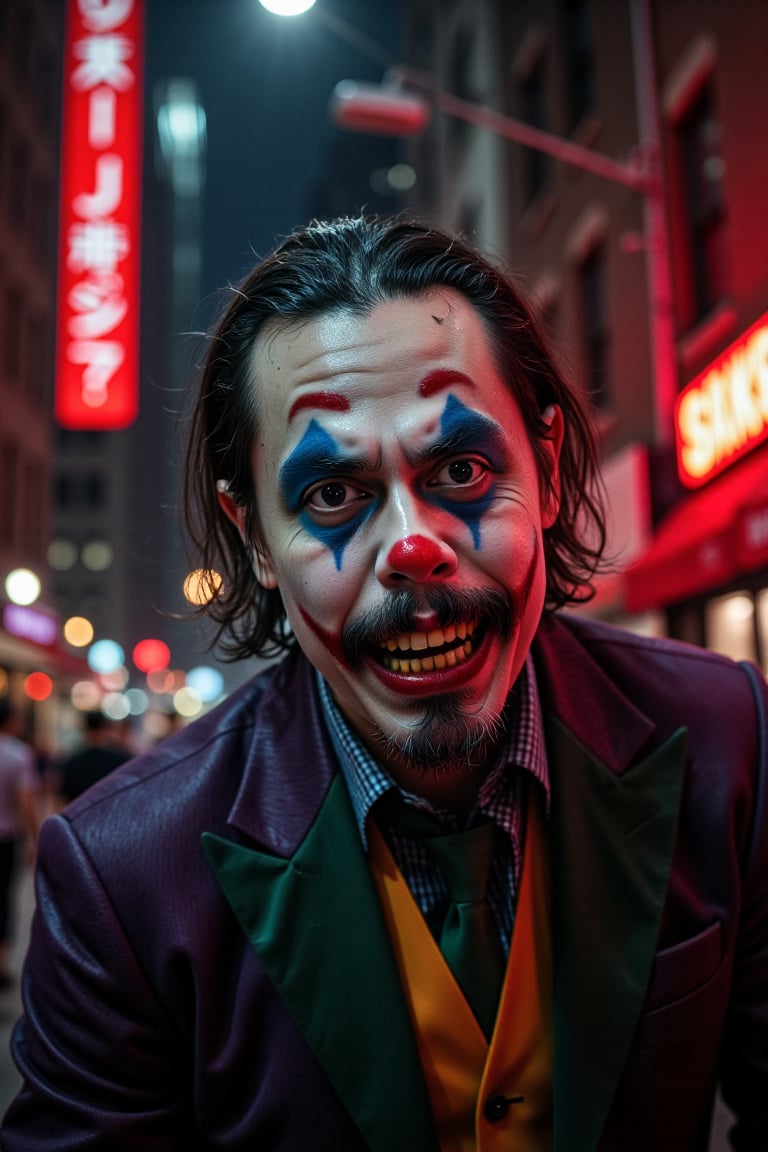 A haunting full-body shot of the Joker's twisted grin, seething with maniacal intensity against a dark and gritty urban backdrop. The camera captures every detail of his pale face, warped into a grotesque grimace, with yellow and crooked teeth. By ZloyOrk style. Abstract Lighting. His sharp, angular features seem to defy the dim lighting, which highlights his otherworldly presence amidst the crimson glow of Gotham City's night sky. The Red letters text, Why you so serious? adds an air of mocking sarcasm to this eerie scene, as if the Joker is daring the viewer to take a peek into his twisted world.,lando