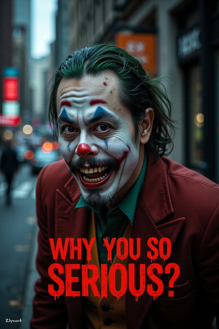 A haunting full-body shot of the Joker's twisted grin, green hair, seething with maniacal intensity against a dark and gritty urban backdrop. The camera captures every detail of his pale face, warped into a grotesque grimace, with yellow and crooked teeth. By ZloyOrk style. Abstract Lighting. His sharp, angular features seem to defy the dim lighting, which highlights his otherworldly presence amidst the crimson glow of Gotham City's night sky. The Red letters text, Why you so serious? adds an air of mocking sarcasm to this eerie scene, as if the Joker is daring the viewer to take a peek into his twisted world.,lando