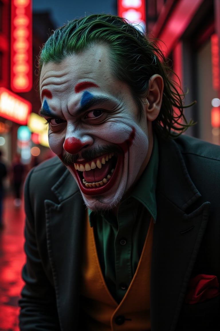 A haunting full-body shot of the Joker's twisted grin, green hair, seething with maniacal intensity against a dark and gritty urban backdrop. The camera captures every detail of his pale face, warped into a grotesque grimace, with yellow and crooked teeth. By ZloyOrk style. Abstract Lighting. His sharp, angular features seem to defy the dim lighting, which highlights his otherworldly presence amidst the crimson glow of Gotham City's night sky. The Red letters text, Nyipp Nyipp Wutuhhh! adds an air of mocking sarcasm to this eerie scene, as if the Joker is daring the viewer to take a peek into his twisted world.,lando