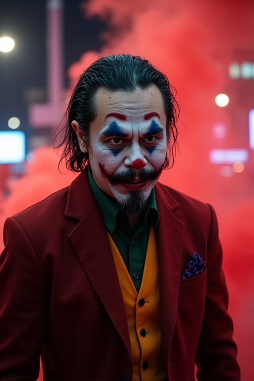 Art of a  joker Joker's twisted grin wearing he makeup face,  he suit, red smoke , realistic city background , neon night light, epic moment