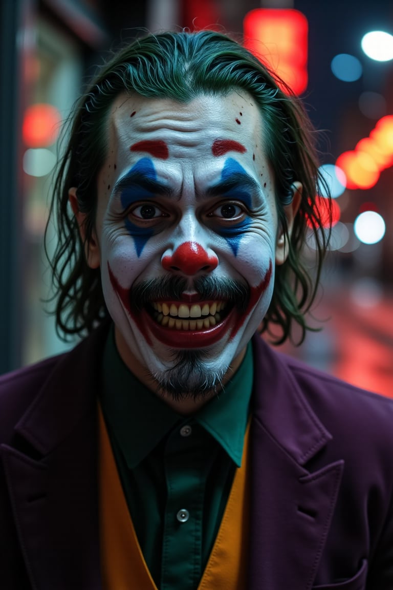 A haunting full-body shot of the Joker's twisted grin, green hair, seething with maniacal intensity against a dark and gritty urban backdrop. The camera captures every detail of his pale face, warped into a grotesque grimace, with yellow and crooked teeth. By ZloyOrk style. Abstract Lighting. His sharp, angular features seem to defy the dim lighting, which highlights his otherworldly presence amidst the crimson glow of Gotham City's night sky. The Red letters text, "Nyipp Nyipp Wutuhhh!" adds an air of mocking sarcasm to this eerie scene, as if the Joker is daring the viewer to take a peek into his twisted world.,lando