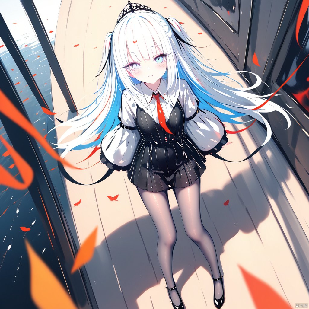 (masterpiece),(best quality),illustration,ultra detailed,hdr,Depth of field,(colorful),1girl, solo, looking at viewer, blush, smile, long hair,loli,pantyhose,full body,white hair,[artist:wlop],[[artist:sheya]],artist:hiten_(hitenkei),