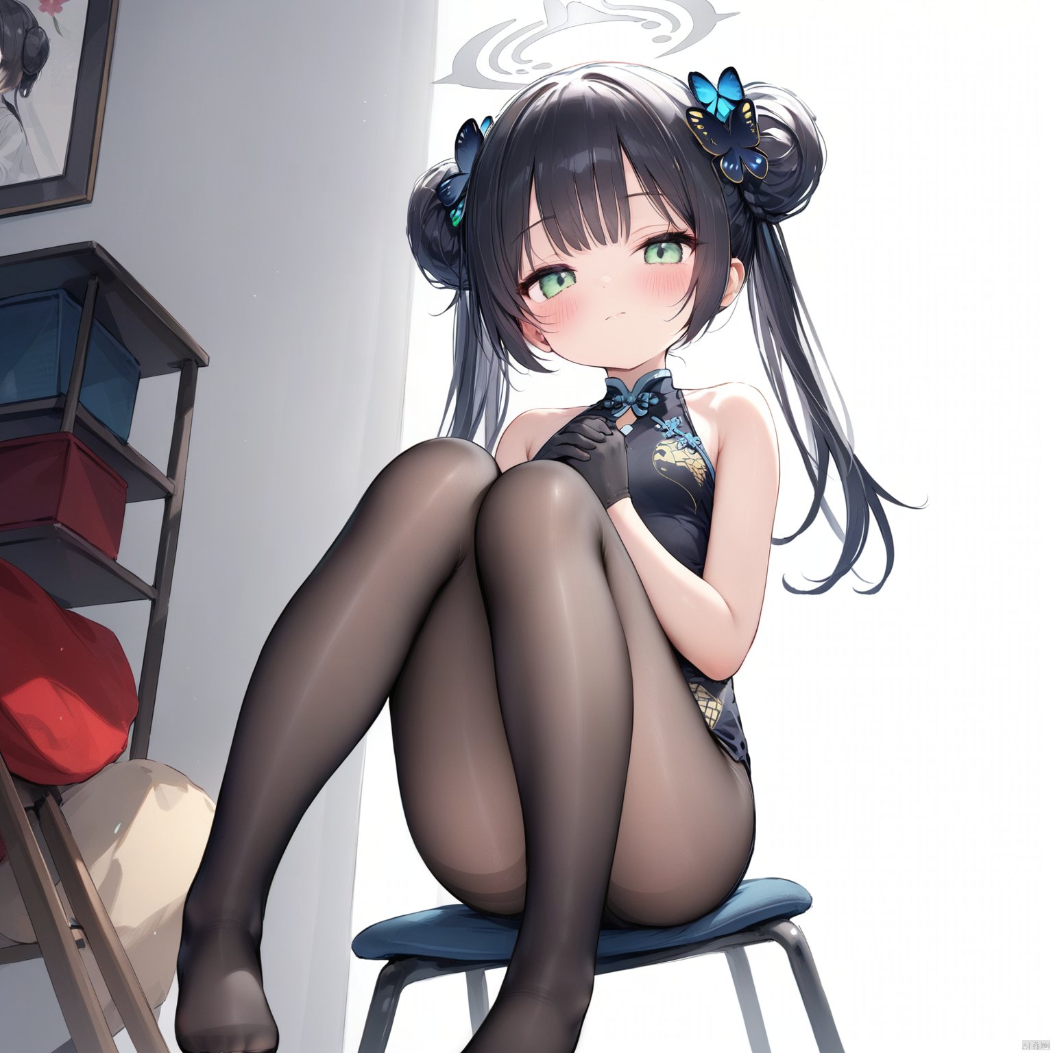 (masterpiece), (best quality), illustration, ultra detailed, hdr, depth of field, (colorful),loli,petite,cute, 1girl, solo, best quality, white background, simple background, grey background, full body, looking at viewer, blush, closed mouth, green eyes, long hair, black hair, butterfly hair ornament, twintails, bangs, double bun, side bun, china dress, black gloves, black dress, sleeveless dress, halo, bare shoulders, own hands together,Black Pantyhose,no shoes,Sitting on a chair,kisaki \(blue archive\), 