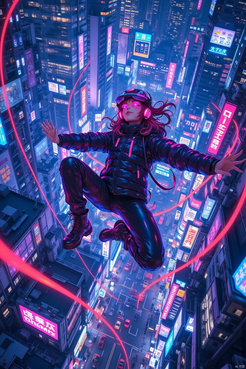 close-up, masterpiece, best quality,Cyberworld,cyber 1 girls,1girl,courier service, Floating in the air.,dj,tail,,100 drone,shooting star,ultra detail,8k,near future,akihabara,,otaku boy,fisheye_lens,Very detailed,view from head-mounted display,vivid color,,neon city, cityscape,night,