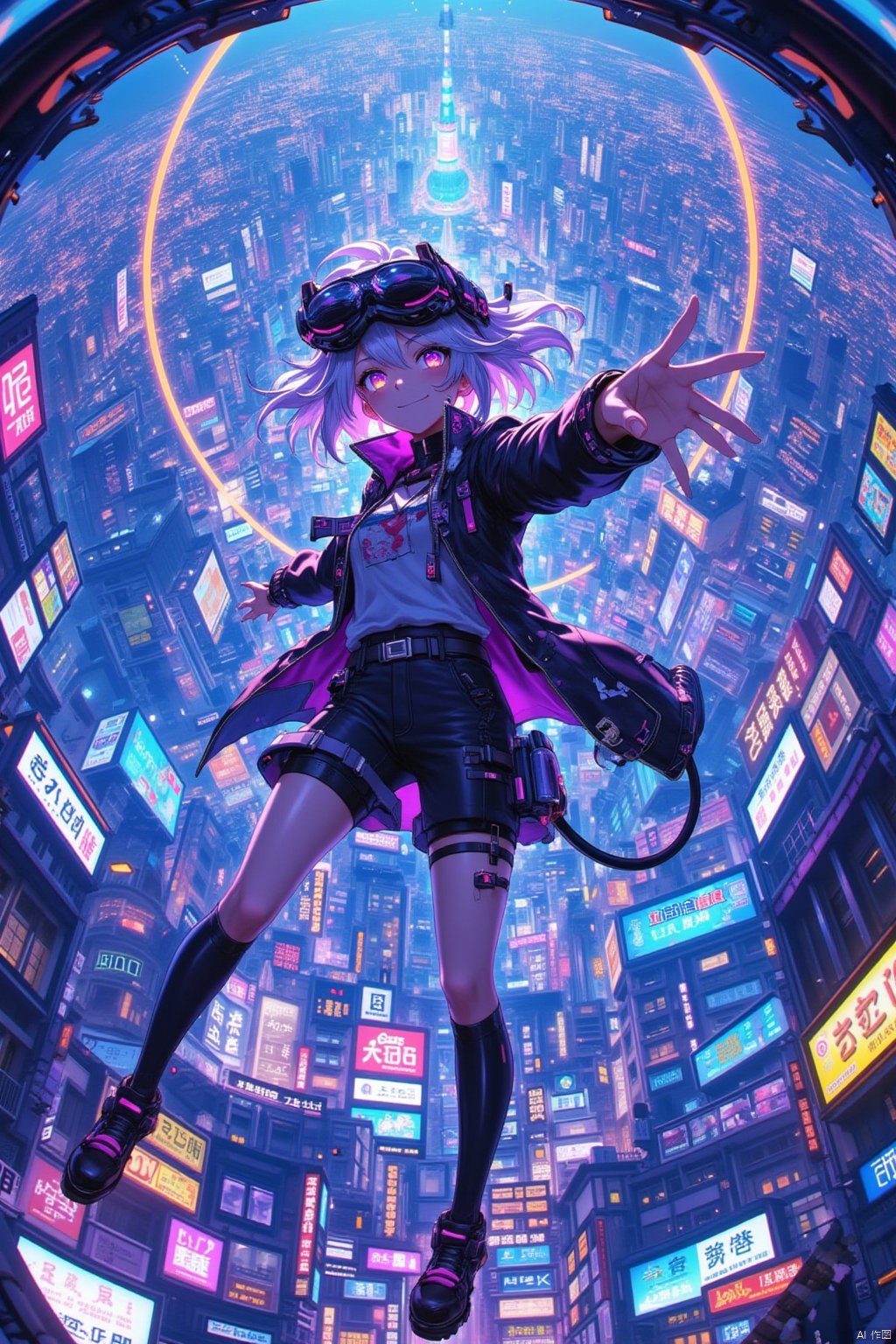 ,Cyberworld,cyber 1 girls,1girl,courier service, Floating in the air.,dj,tail,,100 drone,( random hair, random color eyes, shining eyes, silver hair,,modern girl,ultra detail,8k,near future,akihabara,,otaku boy,fisheye_lens,Very detailed,view from head-mounted display,vivid color,,neon city, cityscape,night,