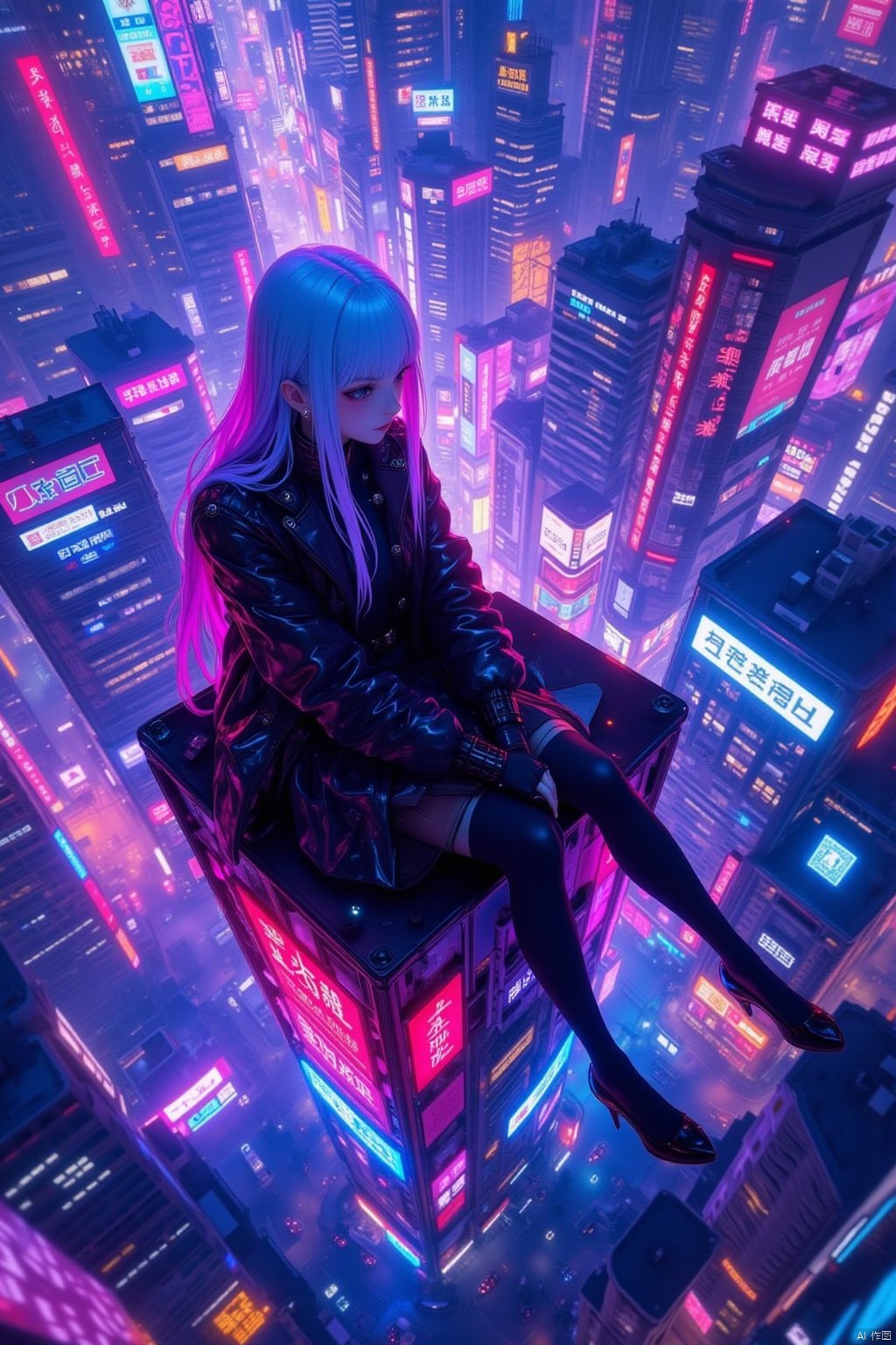 neon color,finely detail,Depth of field,((masterpiece)),((extremely detailed CG unity 8k wallpaper)),best quality,Amazing,intricate detail,volume light,Cyberworld,fisheye_lens,from top, 1girl,solo,sit on the top of a building,straight_hair,white and pink hair,black pantyhose,graceful poses,glassy translucence,plastic material,Plastic skirt,black coat,transparent material,science fiction,future background,vivid color,neon city,cityscape,night,