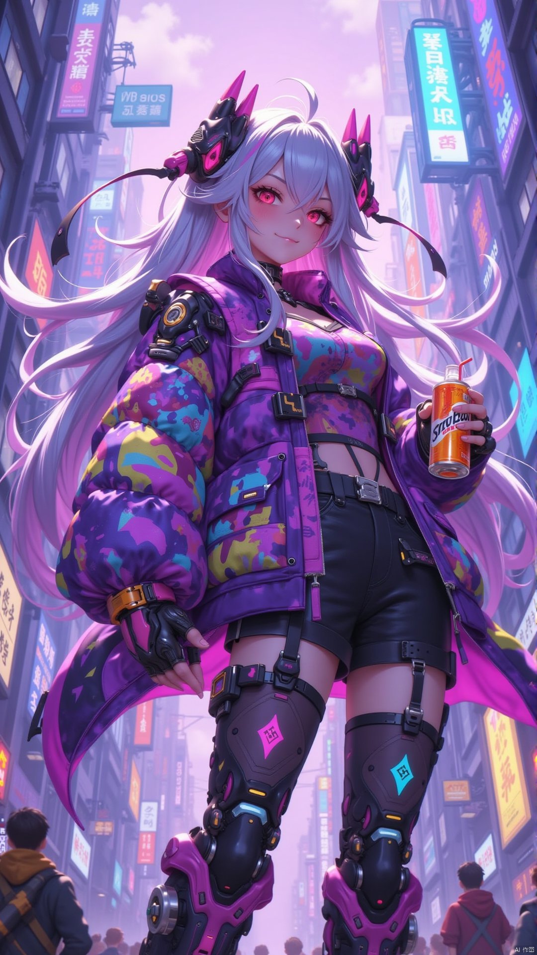 Erciyuan,An anime-style character with pastel hair and a colorful outfit,holding what appears to be an energy drink.,mechanical prosthesis,mecha coverage,emerging dark purple across with white hair,fluorescent purple,cool movement,rose red eyes,beatiful detailed cyberpunk city, hd semirealistic anime cg concept art digital painting,