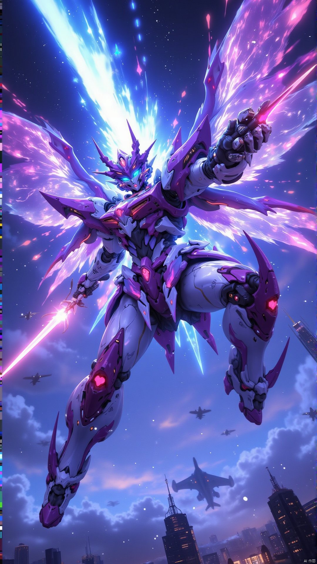 Digital art style,fantasy illustration, High quality,masterpiece,Mech Angel Mech Angel Wings Cyberpunk 1girl aircraft airplane city lights earth \(planet\) fighter jet galaxy holding holding sword holding weapon jet light particles mecha mecha muscle military military vehicle milky way plane science shooting sky solar space (sky cloud space), flowing light