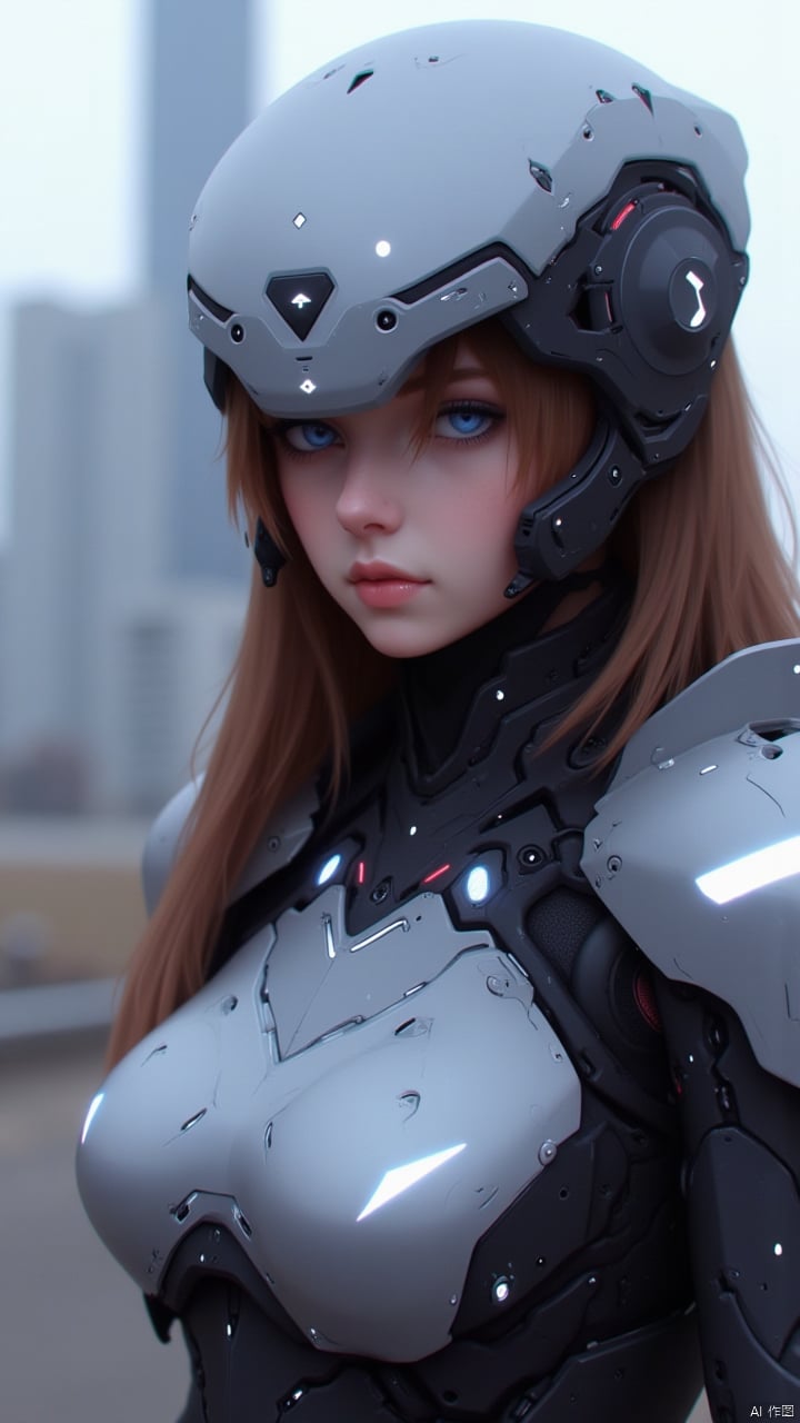 Masterpiece, best quality, amazing details, photo-realistic, 1girl, blue eyes, blurry, blurry background, blurry foreground, breasts, brown hair, building, city, cyberpunk, depth of field,Smooth metal surface,Aircraft headgear,Complex helmet,Silver metal surface luster,Realistic metallic luster mecha,Chest Glow,Close fitting mecha,Streamlined mecha, headphones, headset, lips, long hair, looking at viewer, motion blur, power armor, realistic, science fiction, solo,HKOMEGA