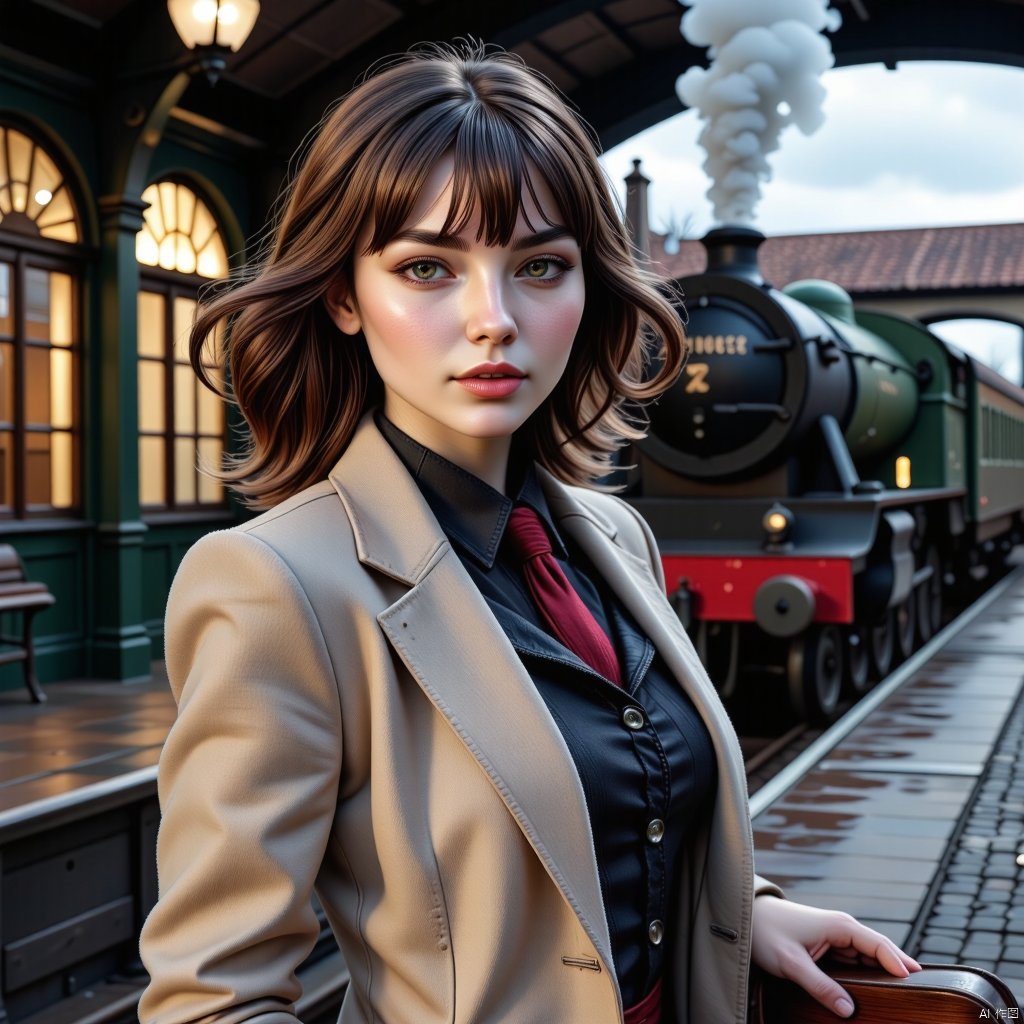 doudou,At dusk, on the platform of an old British railway station, a Japanese female star with dark hair and bangs walked forward, her small white body, wearing a fashionable coat, holding a suitcase with one hand and putting the other hand in the pocket. The wind as the steam train came in messed up her hair. Real photos, photography style photos, background content rich, amazing picture, real train station.,BV-BETDIGPOR,HKMAGIC