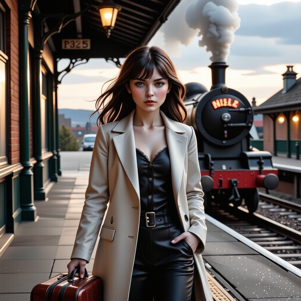 doudou,At dusk, on the platform of an old British railway station, a Japanese female star with dark hair and bangs walked forward, her small white body, wearing a fashionable coat, holding a suitcase with one hand and putting the other hand in the pocket. The wind as the steam train came in messed up her hair. Real photos, photography style photos, background content rich, amazing picture, real train station.,BV-BETDIGPOR,HKMAGIC