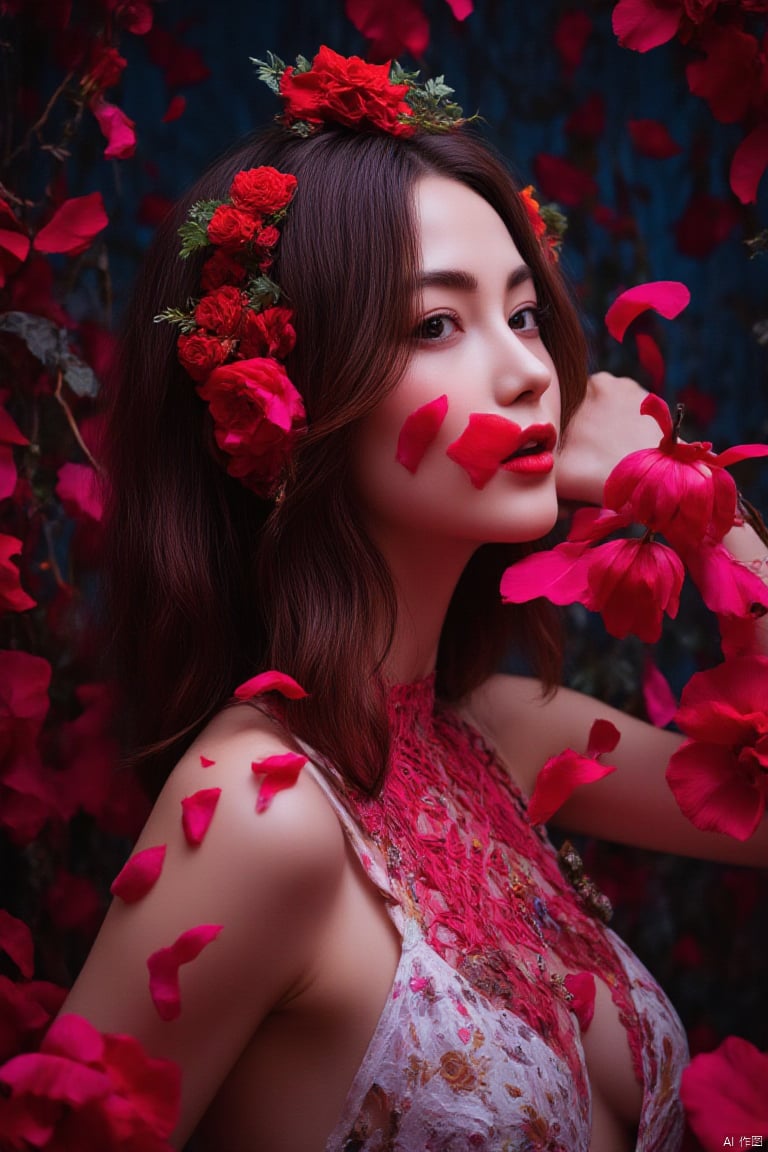 none,1girl,upper body,solo,melancholic,melancholy,nostalgic,a sense of solitude,petals,Surrealistic imagery,dreamlike atmosphere,vibrant and contrasting colors,intricate and detailed elements,,BV-BETDIGPOR,AIDMAREALISTICPEOPLEPHOTOGRAPH,BV-BETDIGPOR 