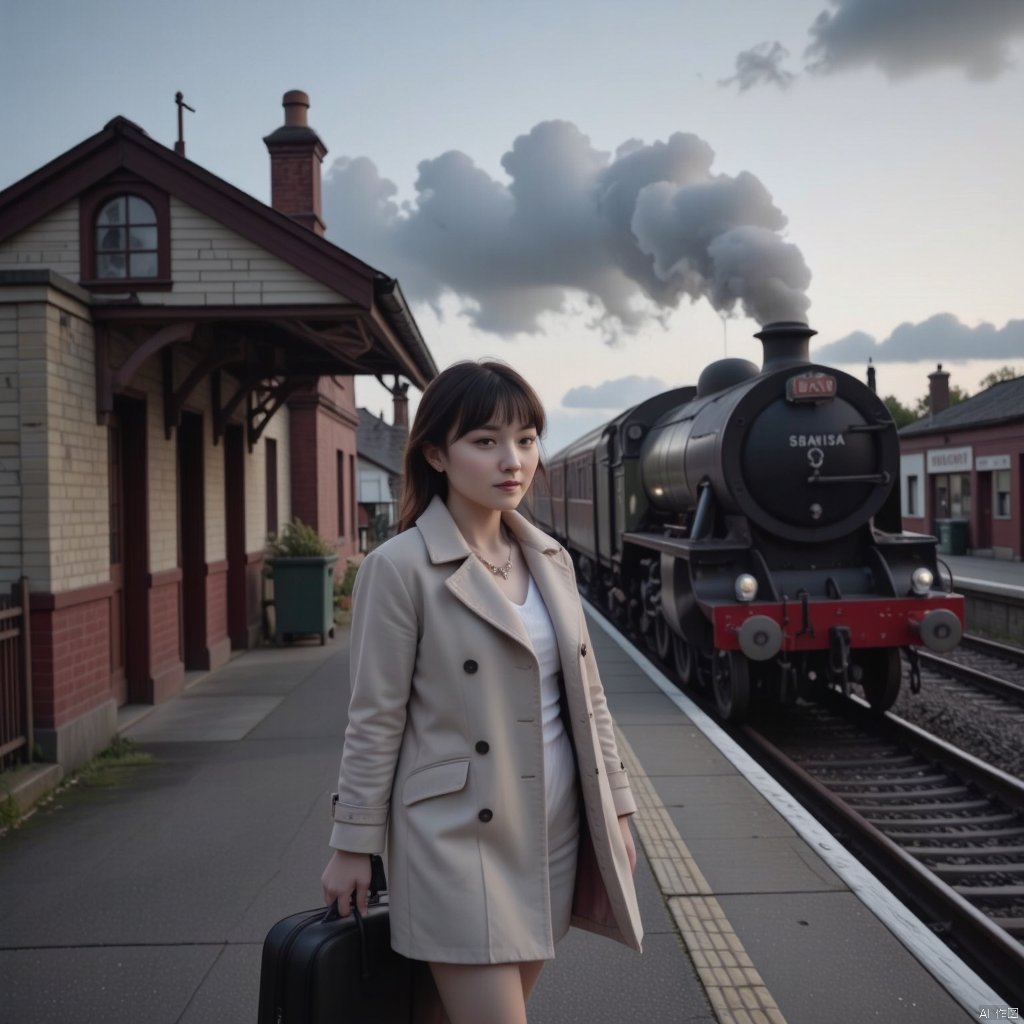 doudou,At dusk, on the platform of an old British railway station, a Japanese female star with dark hair and bangs walked forward, her small white body, wearing a fashionable coat, holding a suitcase with one hand and putting the other hand in the pocket. The wind as the steam train came in messed up her hair. Real photos, photography style photos, background content rich, amazing picture, real train station.,BV-BETDIGPOR 