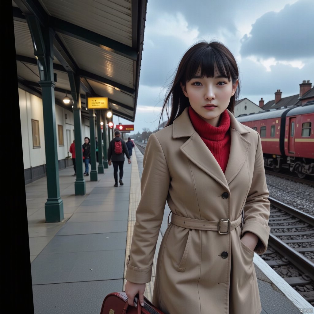 doudou,At dusk, on the platform of an old British railway station, a Japanese female star with dark hair and bangs walked forward, her small white body, wearing a fashionable coat, holding a suitcase with one hand and putting the other hand in the pocket. The wind as the steam train came in messed up her hair. Real photos, photography style photos, background content rich, amazing picture, real train station.,BV-BETDIGPOR 