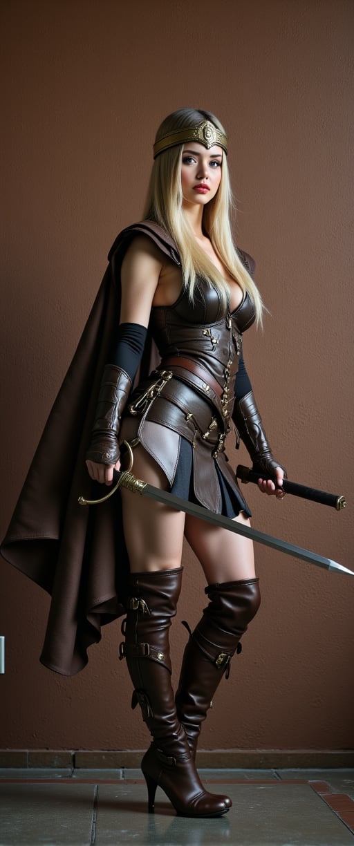 Captured in a low-angle shot, a woman dressed in a warrior costume, adorned with a headband and a shield. She is holding a sword in her right hand, while her left arm is wrapped in a leather glove. Her right arm is draped in a shield, adding a touch of protection to her outfit. Her blonde hair cascades over her shoulders, framing her face. The backdrop is a textured brown wall, adding depth to the scene.s.,ct-chasartre,ct-amantity