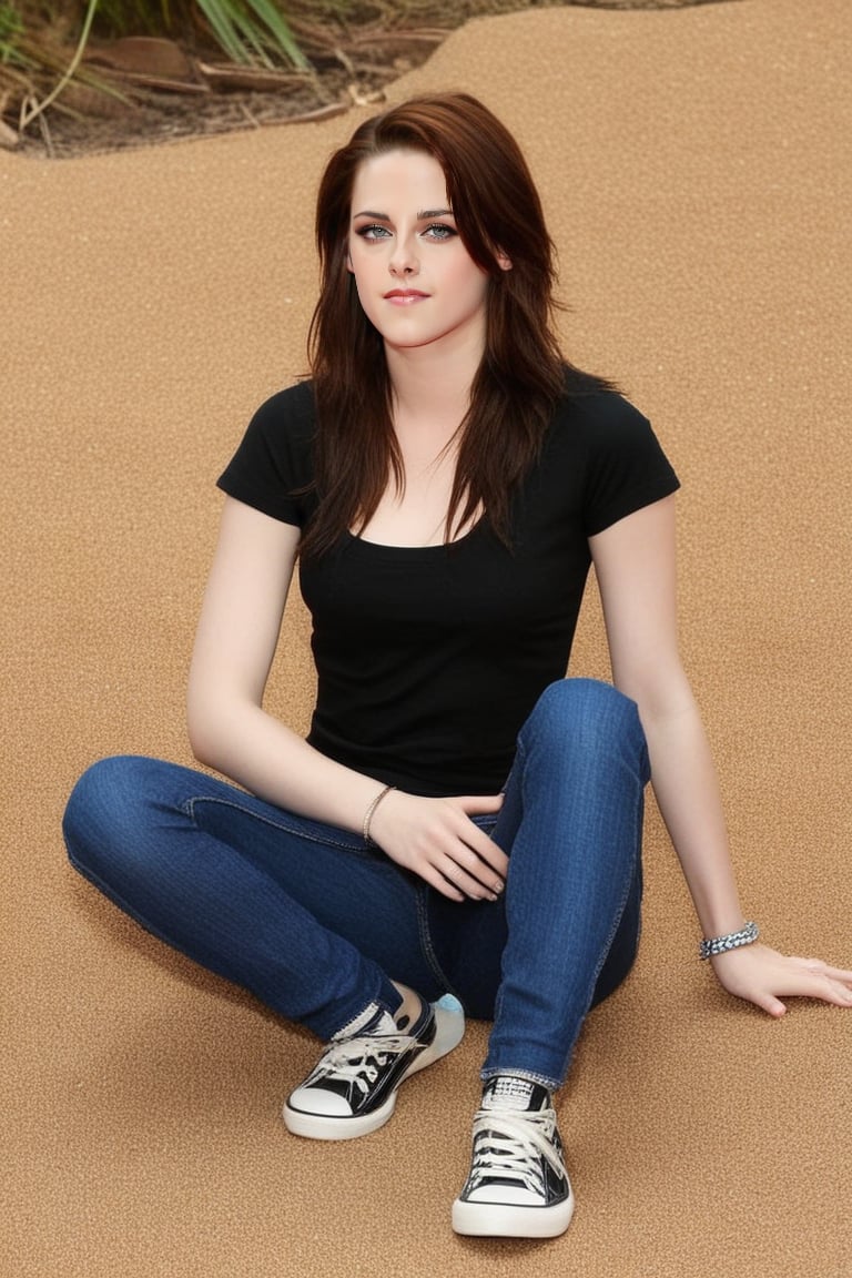 Kristen Stewart, bright blue eyes, slim, sporty, elegant, sitting on the ground, cross legged, flirting