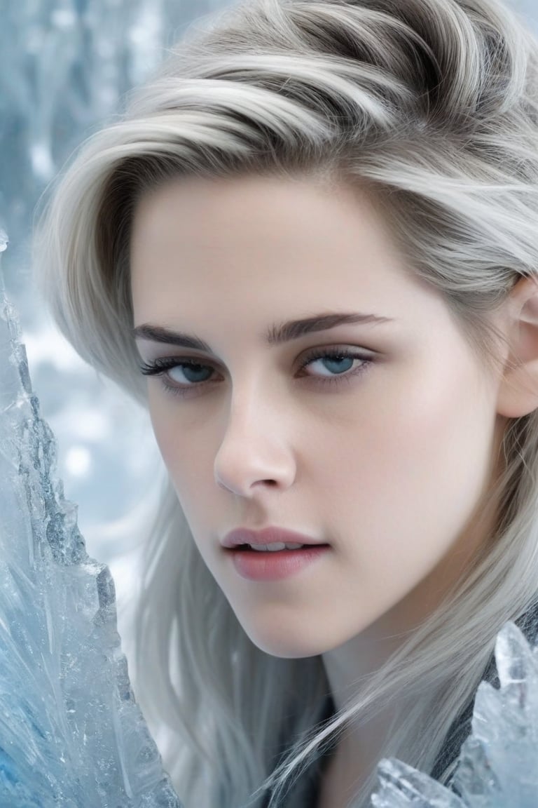 In this hyperrealistic close-up shot, Kristen Stewart's youthful face, with white hair and blue-gray hues, is mesmerizing as she draws herself on a heavily frosted mirror. Her finger etches intricate patterns into the thick layer of ice, creating a super impressive, marine-painting-like effect. The alternating lighting casts a dramatic contrast between the frosted and cleared areas, highlighting the crystalline ice formations, delicate feathers, and swirls that cover the mirror's surface. Visible ice crystals add to the frozen ambiance, while an ethereal glow emanates from light refracting through the ice, amplifying the magical quality of this surreal scene.