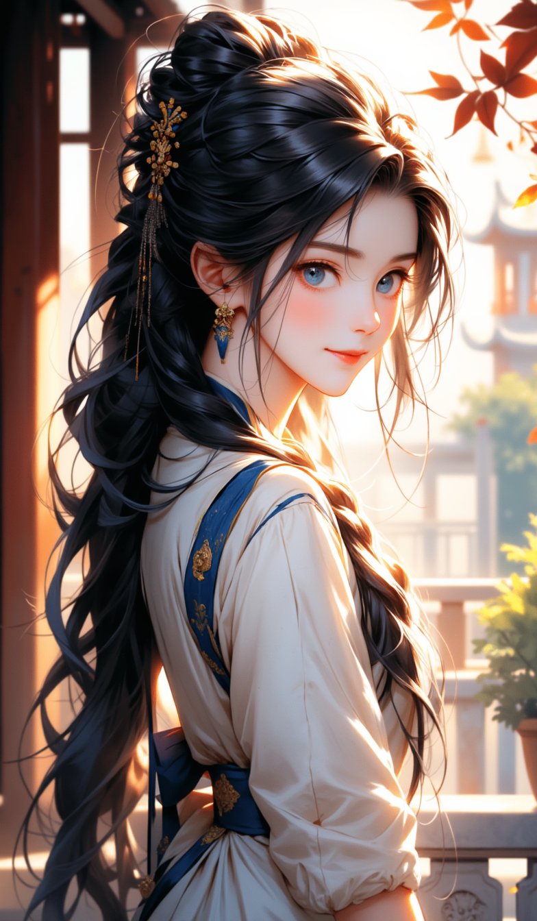 1 woman, solo, long hair, looking at viewer, smiling, blue eyes, black hair, hair accessories, jewelry, mouth closed, upper body, braids, earrings, outdoors, hair bun, looking to the side, leaves, ao dai style dress, single hair bun, architecture,cool_Anime