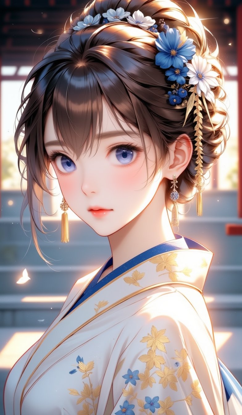 Close-up of a Japanese girl's face is adorned with a white kimono adorned with gold leaf designs. Her hair is styled in a braided ponytail, adorned with blue and gold flowers, adding a touch of color to her face. Her eyes are a deep blue, and her lips are a lighter shade of pink. Her eyebrows are a darker shade of blue, while her hair is a light brown. She is wearing a blue and white scarf draped over her shoulders, with a blue ribbon tied around her neck. Her earrings are dangling from her ears. The backdrop is blurred, suggesting a peaceful outdoor scene,cool_Anime